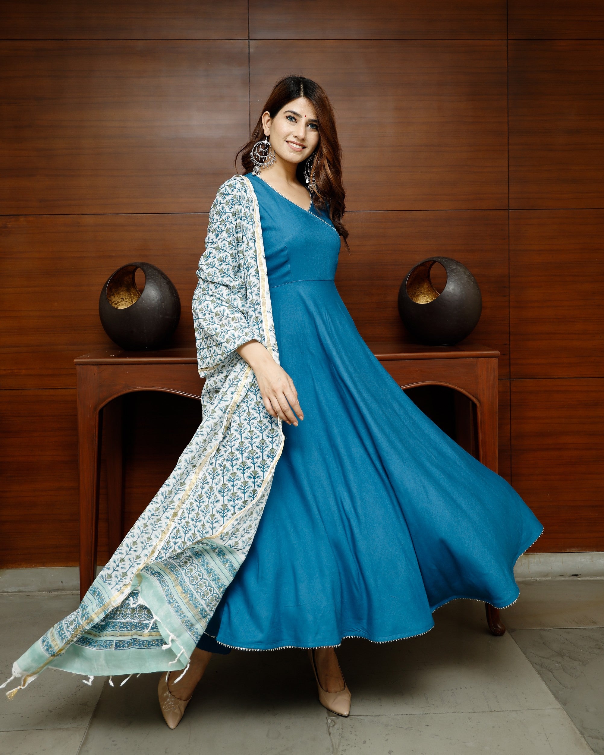 Pheeta Sapphire Blue Solid Suit Set with Block Print Dupatta