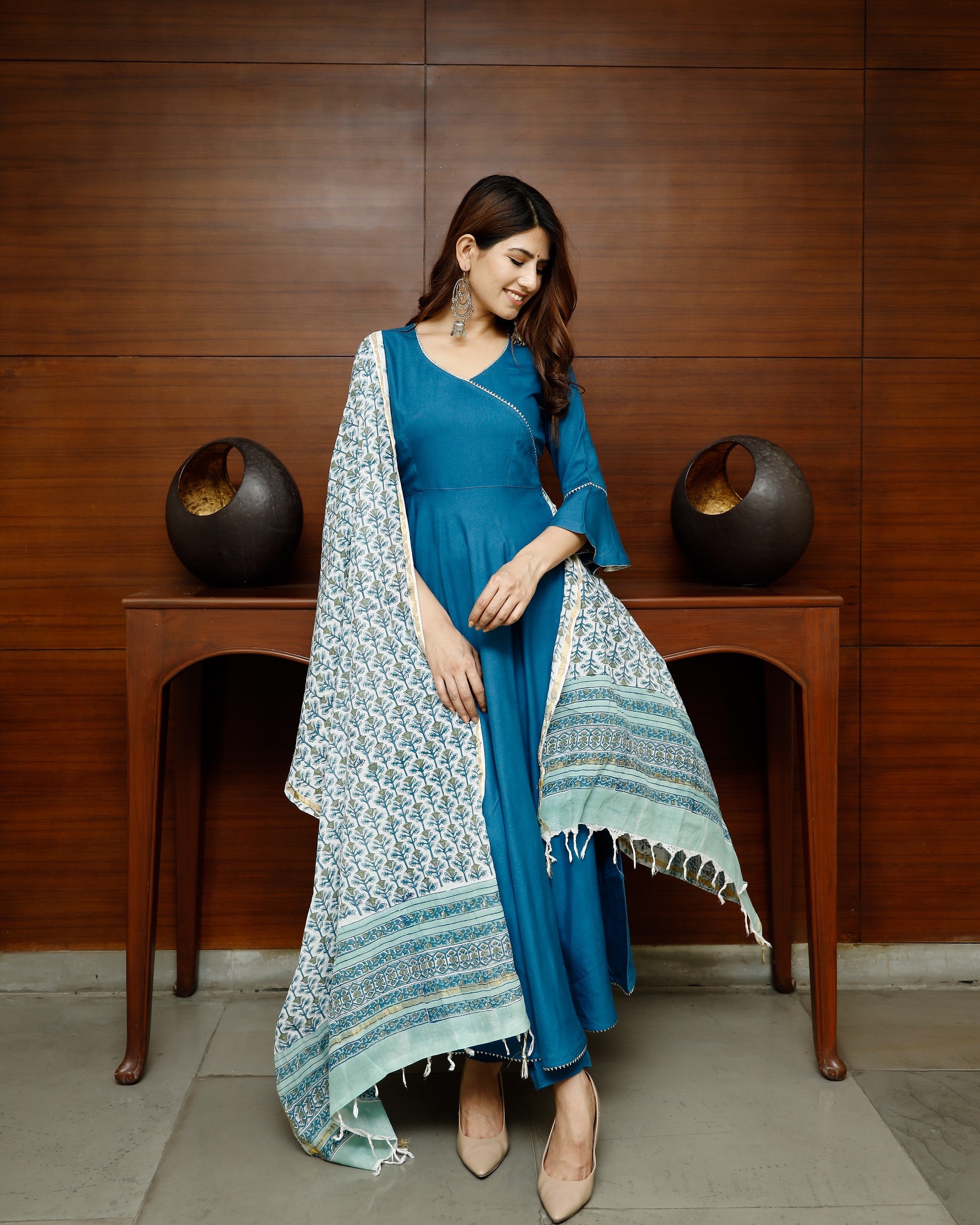 Pheeta Sapphire Blue Solid Suit Set with Block Print Dupatta