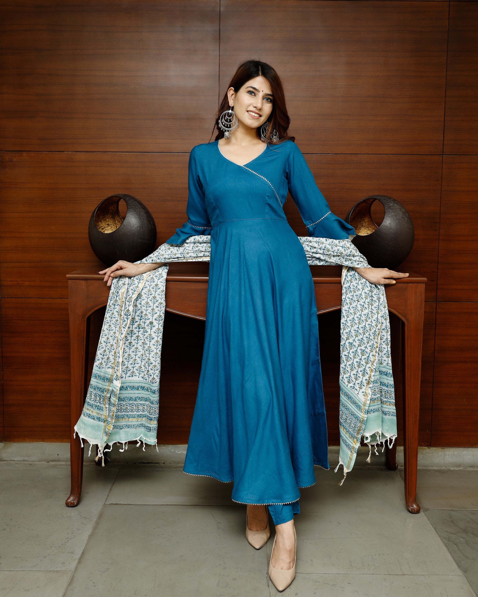 Pheeta Sapphire Blue Solid Suit Set with Block Print Dupatta
