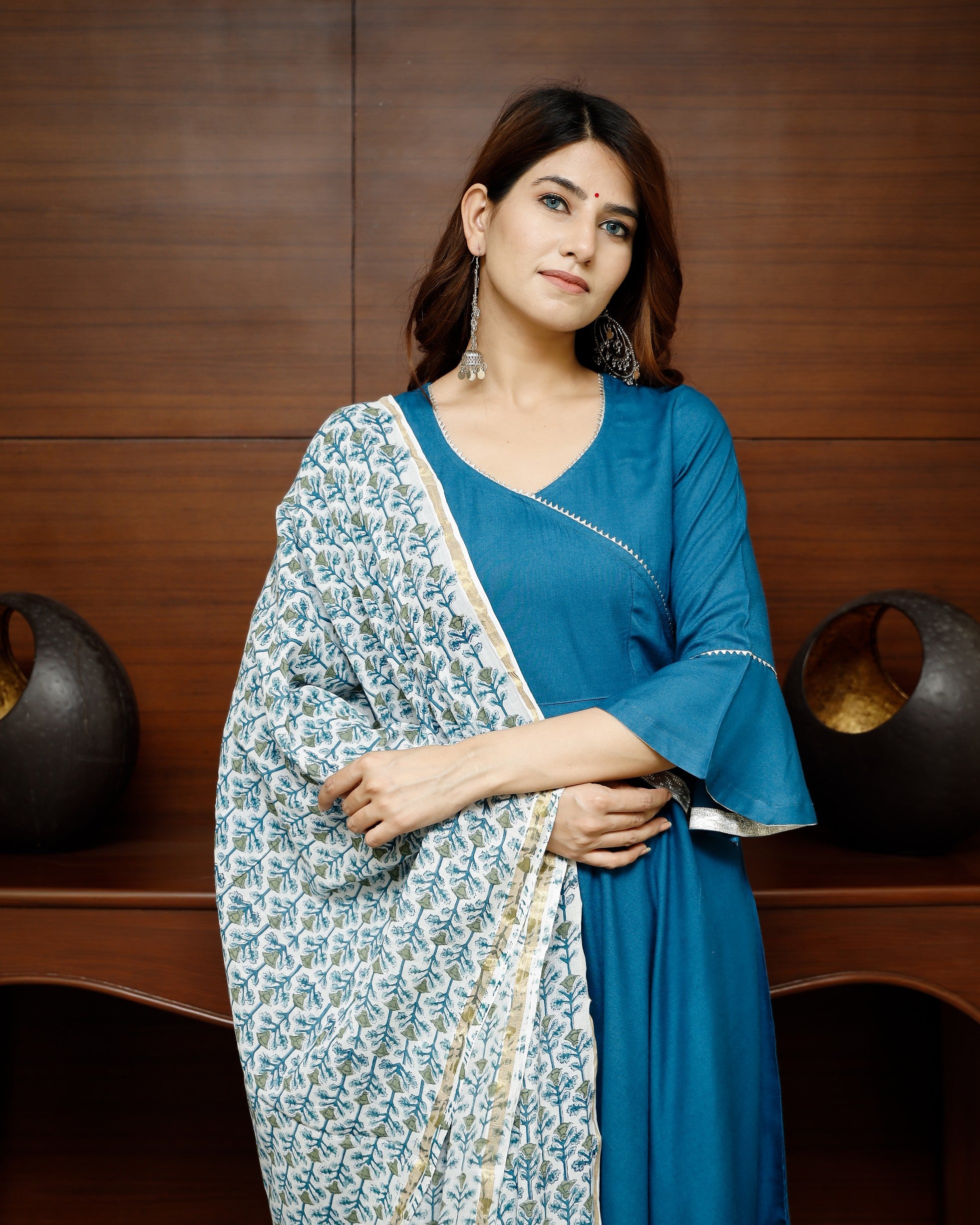 Pheeta Sapphire Blue Solid Suit Set with Block Print Dupatta