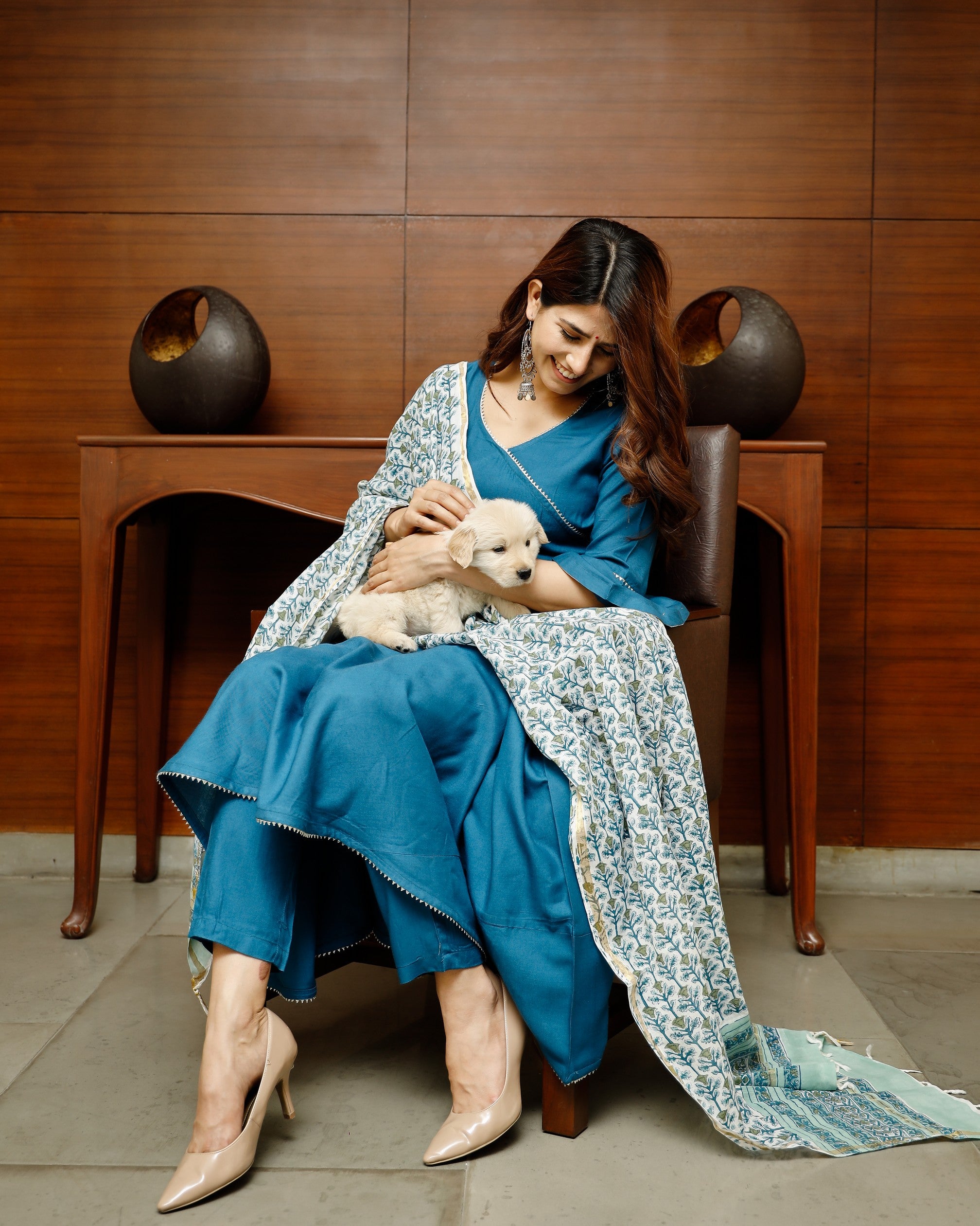 Pheeta Sapphire Blue Solid Suit Set with Block Print Dupatta