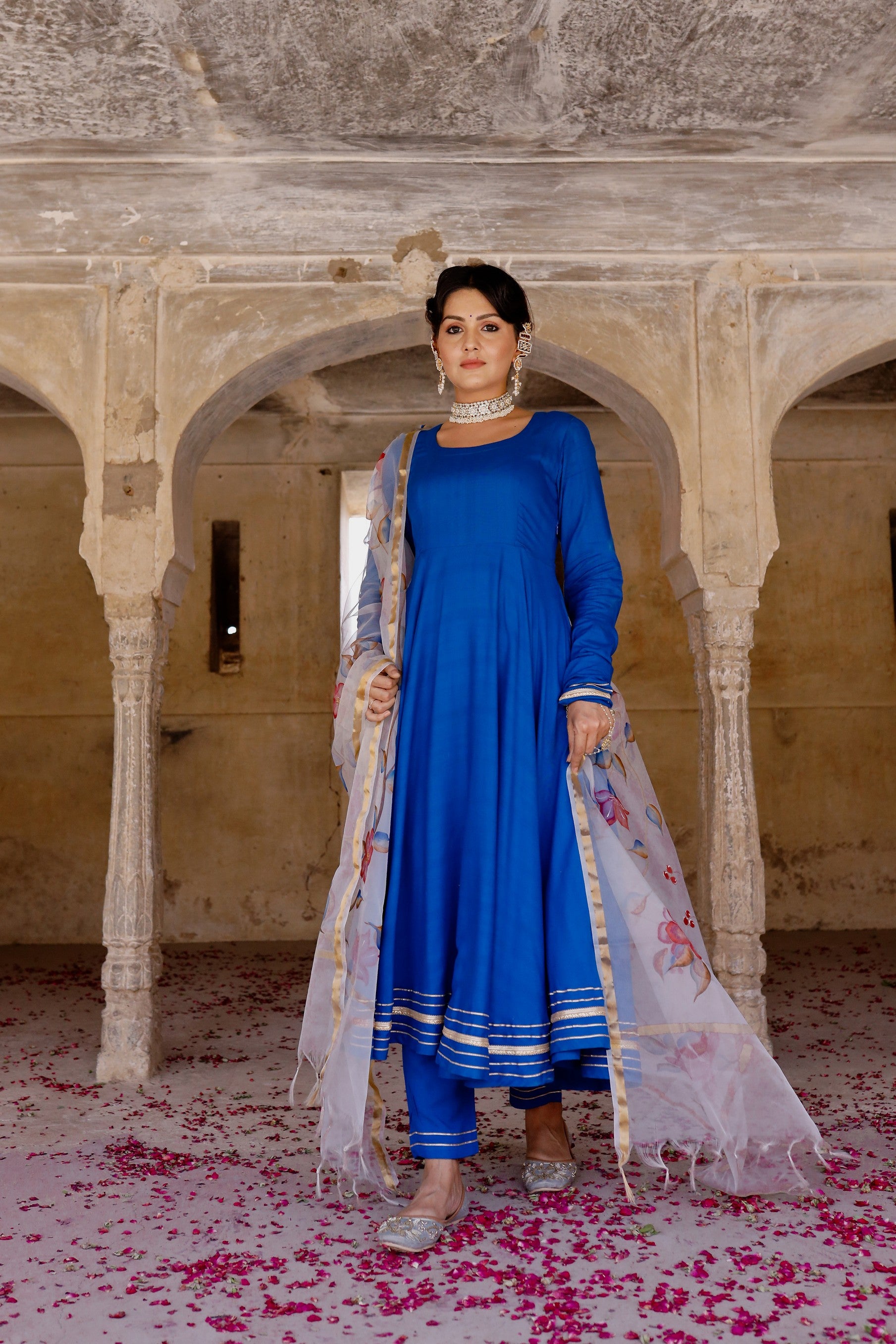 Solid blue anarkali suit set with hand painted organza dupatta