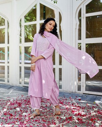 Pink embroided suit set with printed pants and dupatta
