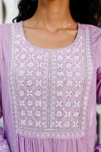 Pink embroided suit set with printed pants and dupatta