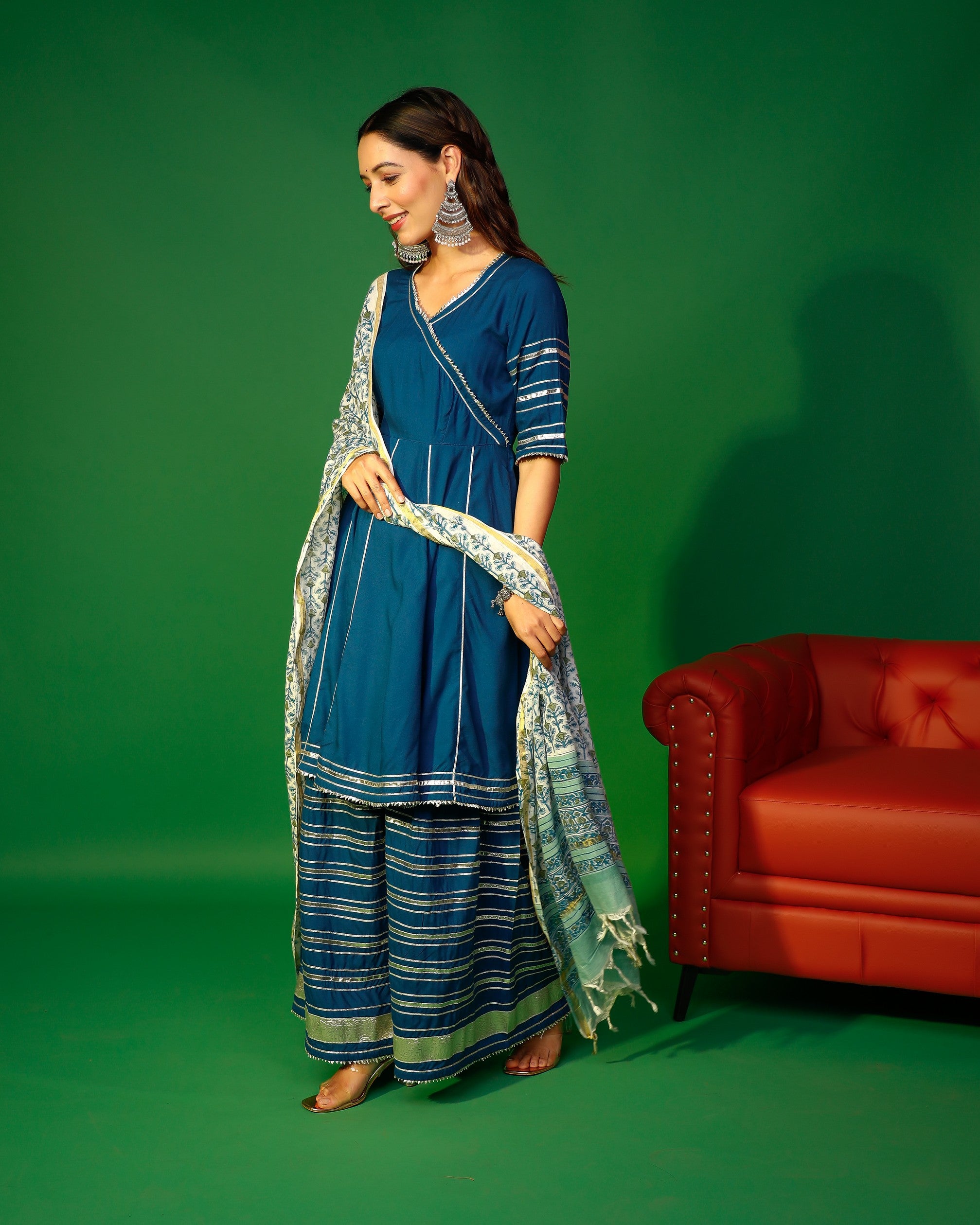 Prussian blue angarakha kurta plazzo with floral dupatta set