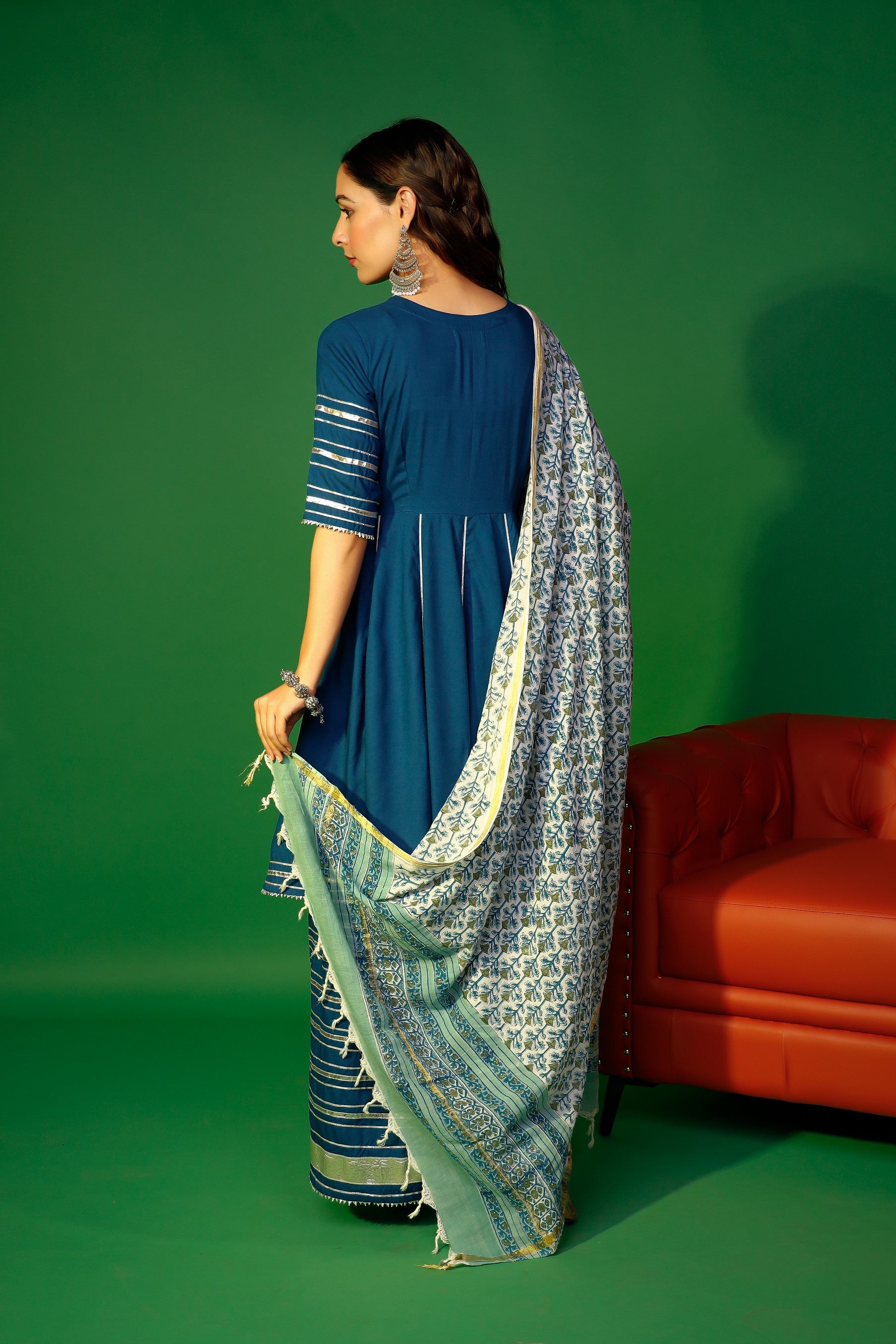 Prussian blue angarakha kurta plazzo with floral dupatta set