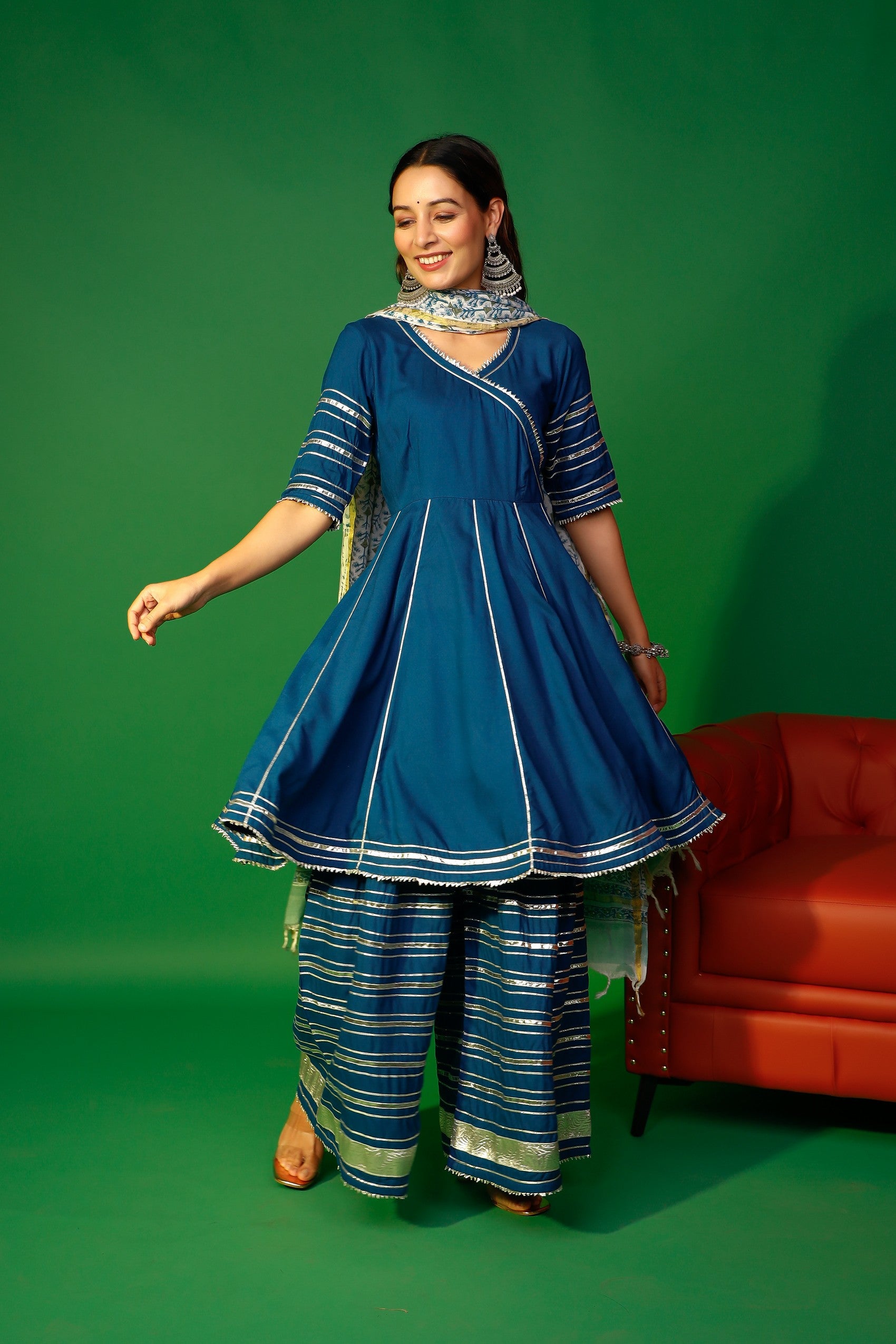 Prussian blue angarakha kurta plazzo with floral dupatta set