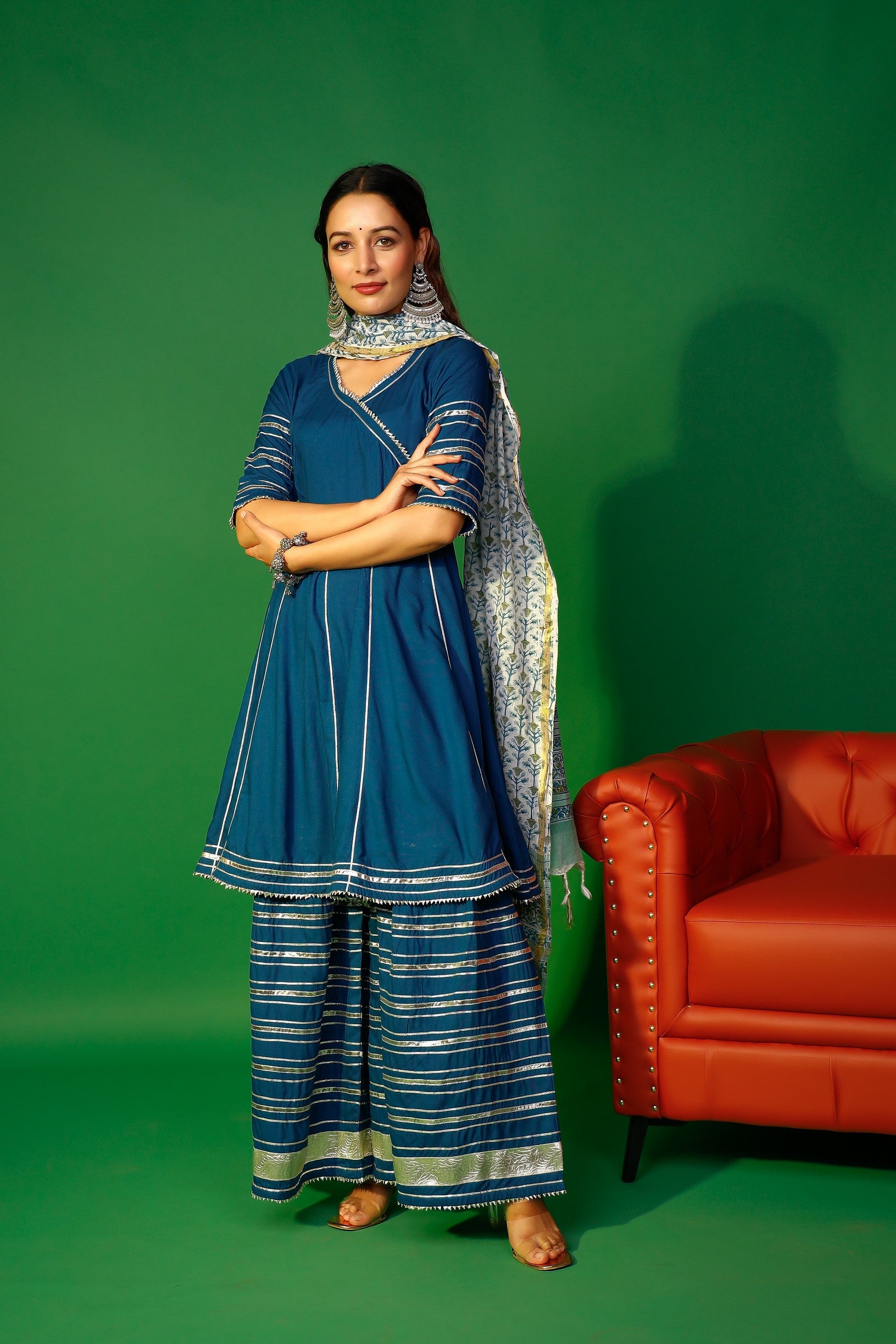 Prussian blue angarakha kurta plazzo with floral dupatta set