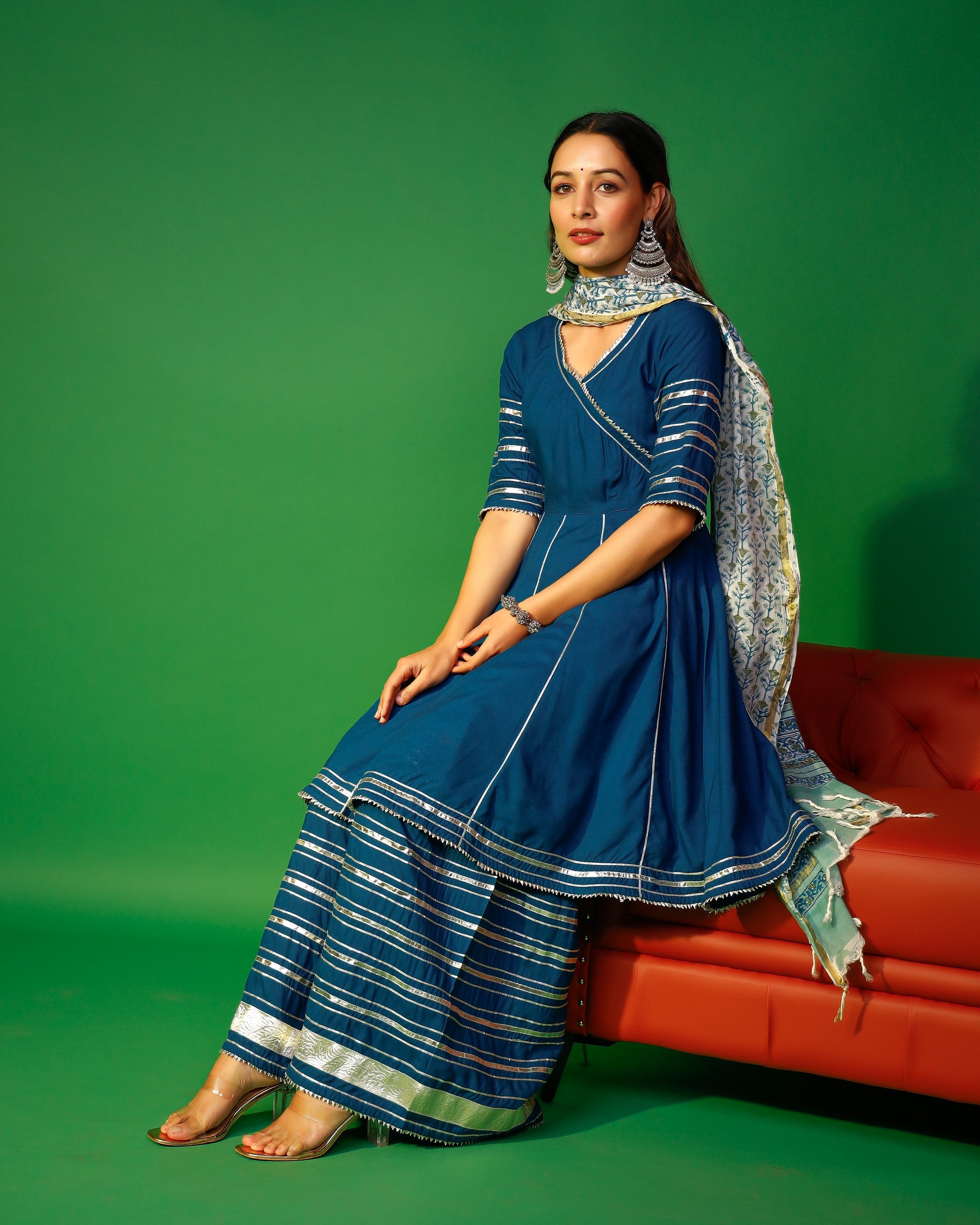Prussian blue angarakha kurta plazzo with floral dupatta set