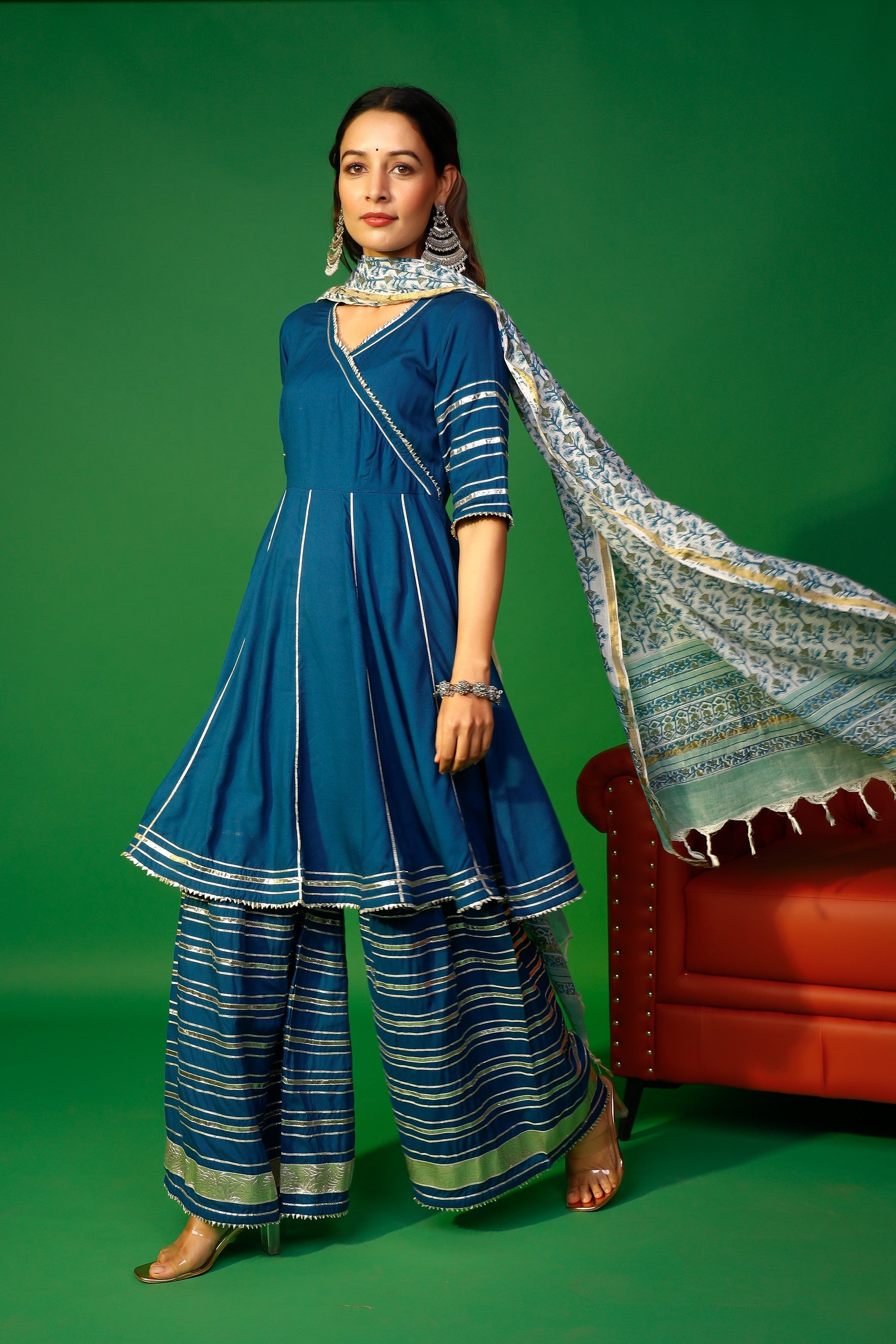 Prussian blue angarakha kurta plazzo with floral dupatta set