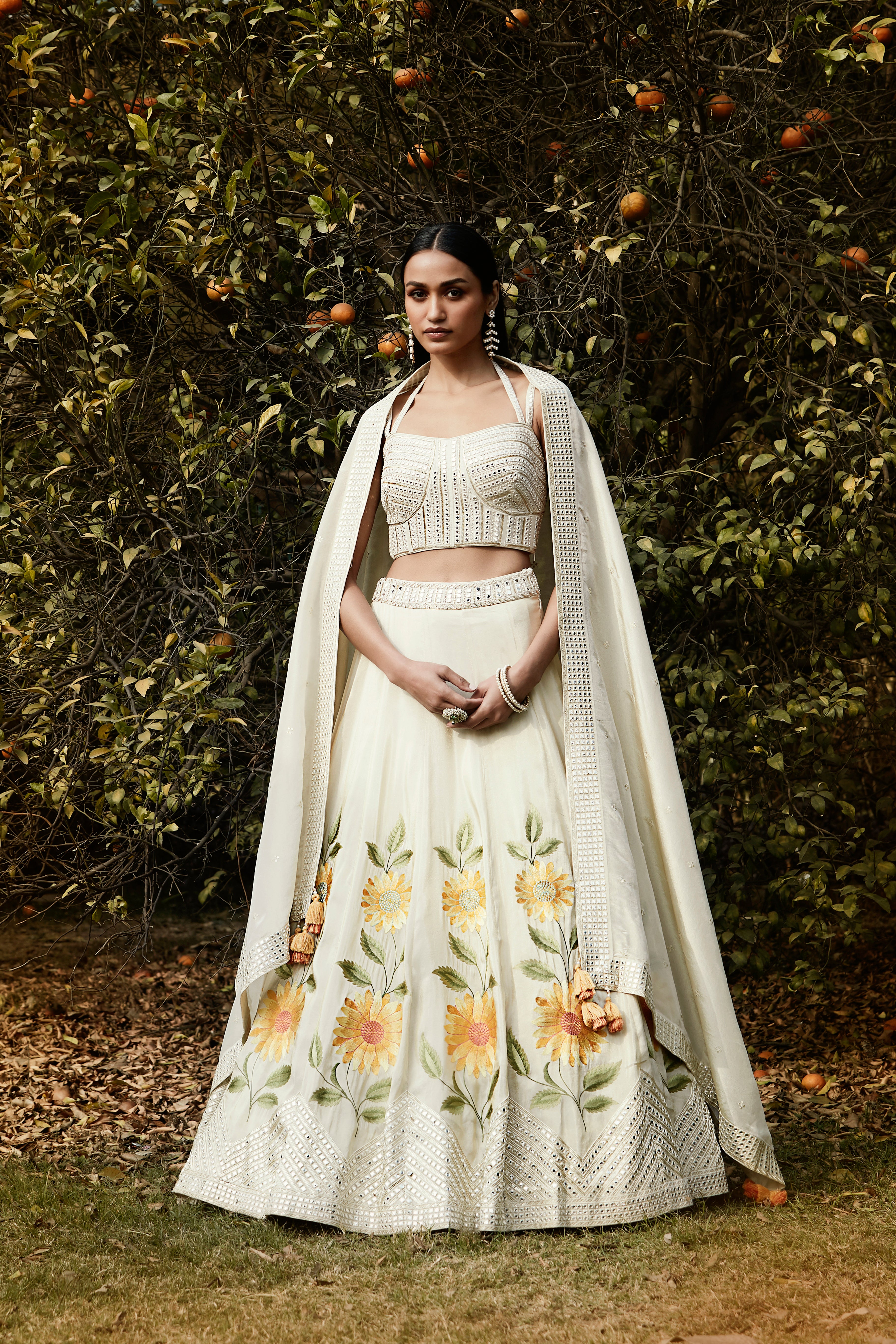 Ivory Sunflower Embroidered Lehenga