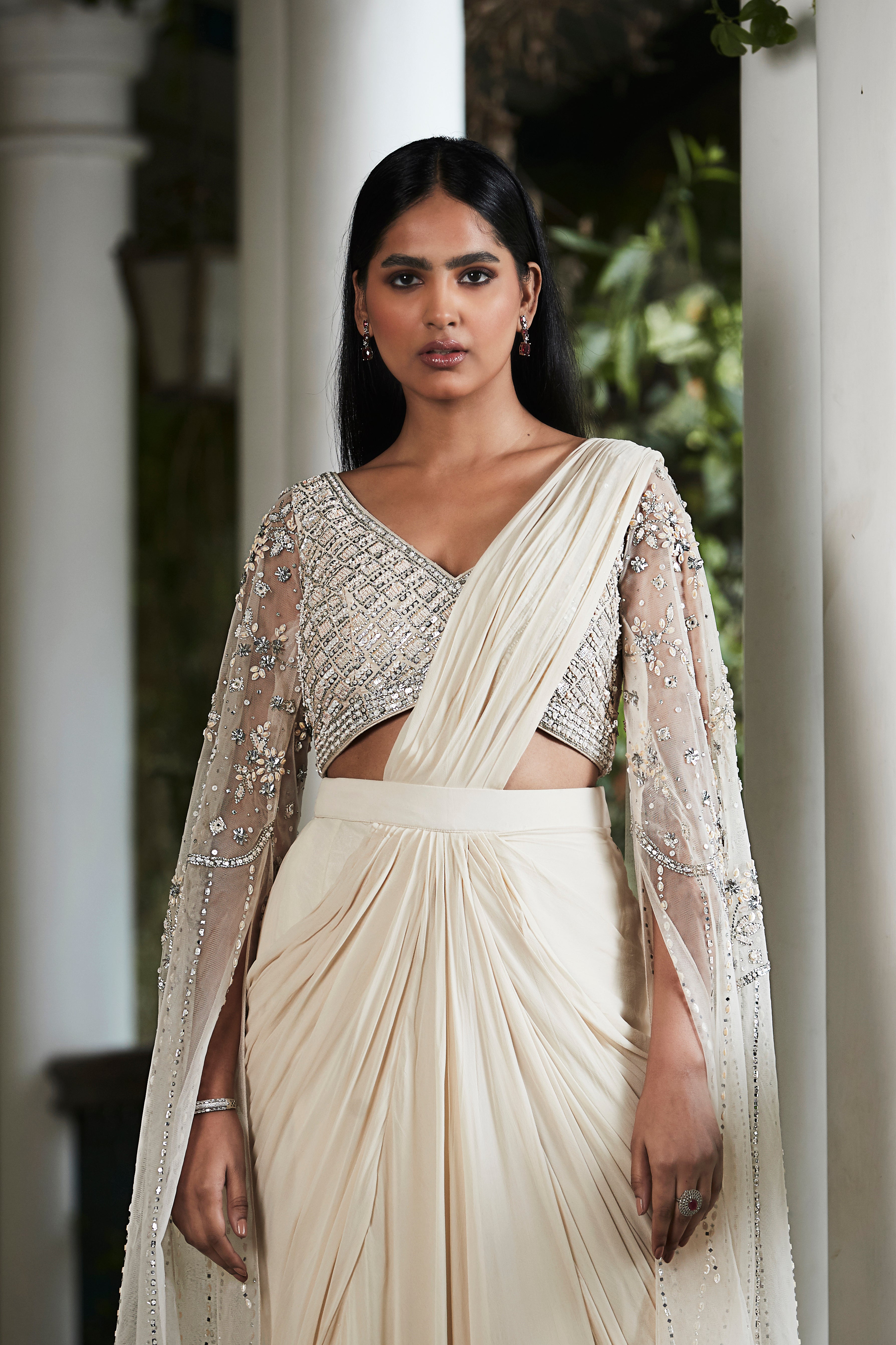 Ecru Pre Draped Embroidered Saree