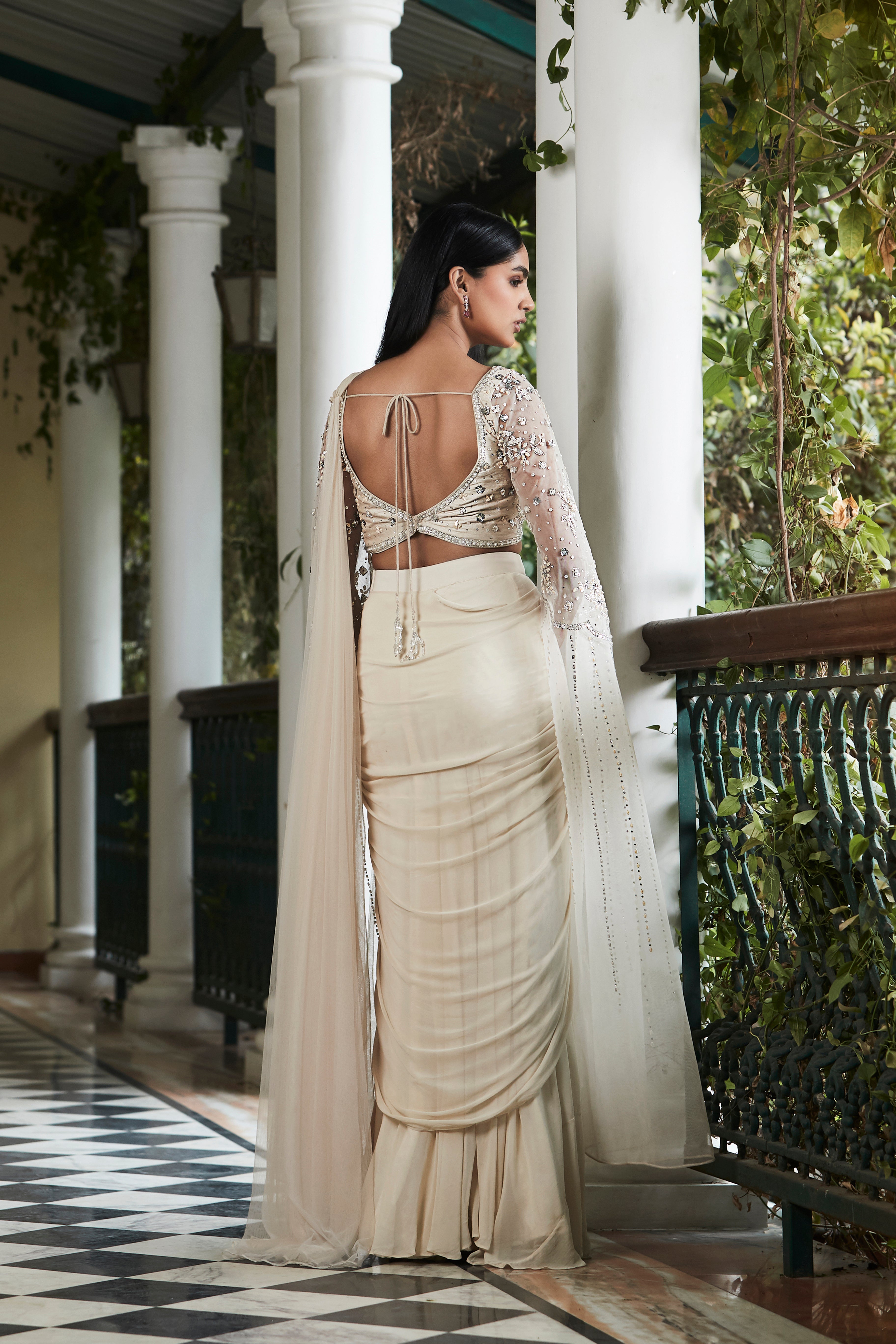 Ecru Pre Draped Embroidered Saree