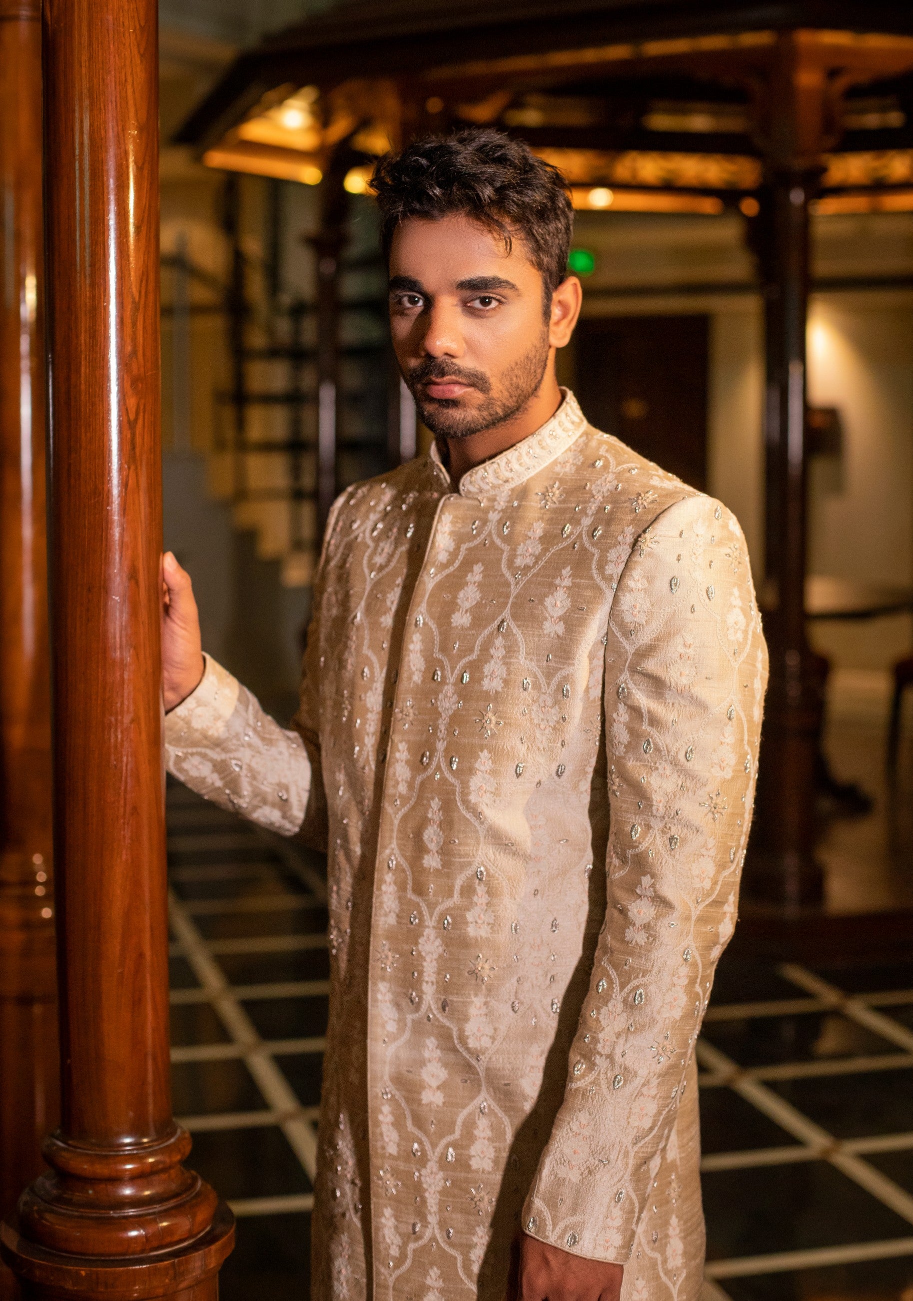 Pearl Hand Embroidered Sherwani with Kurta Set
