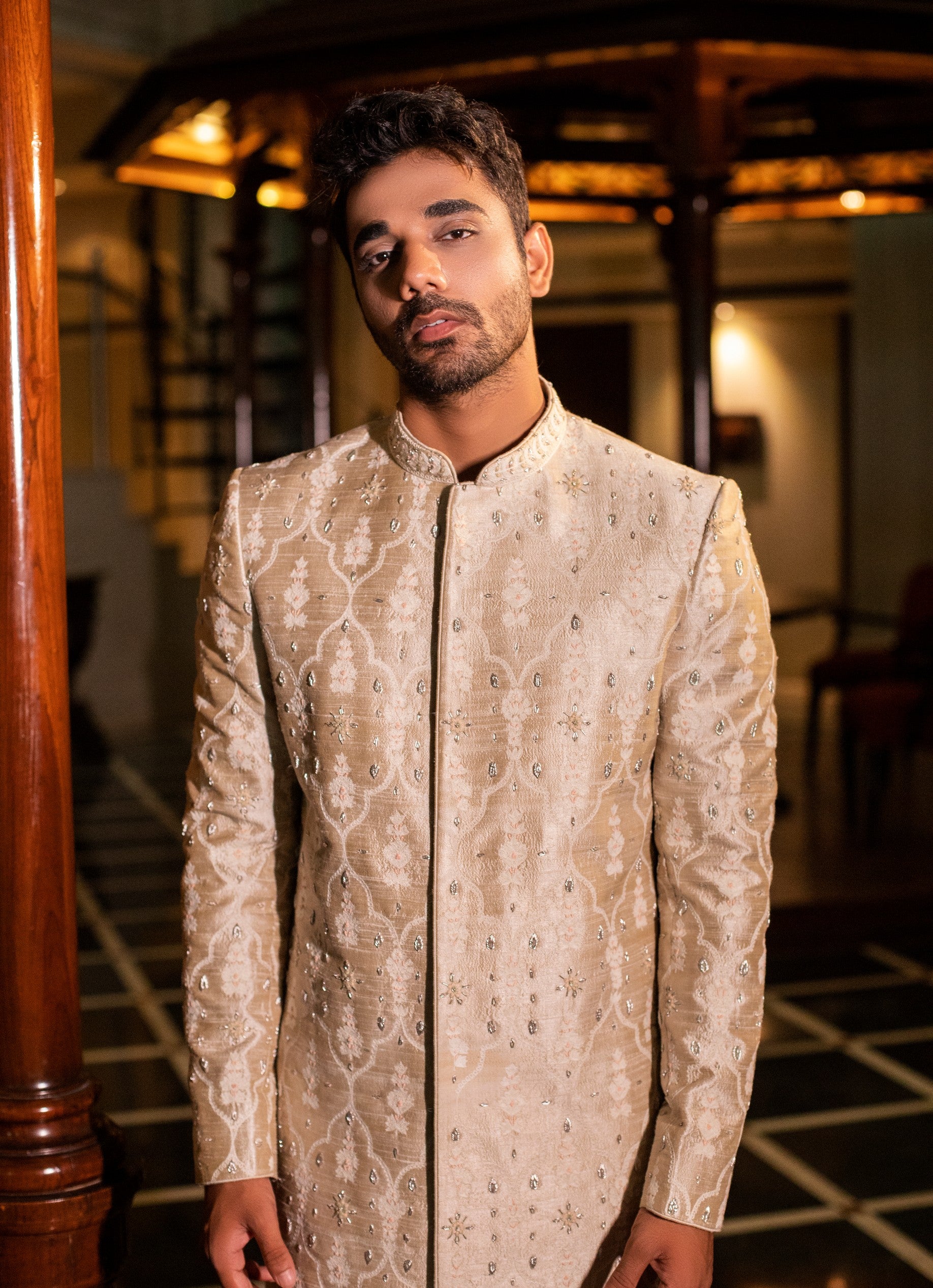 Pearl Hand Embroidered Sherwani with Kurta Set