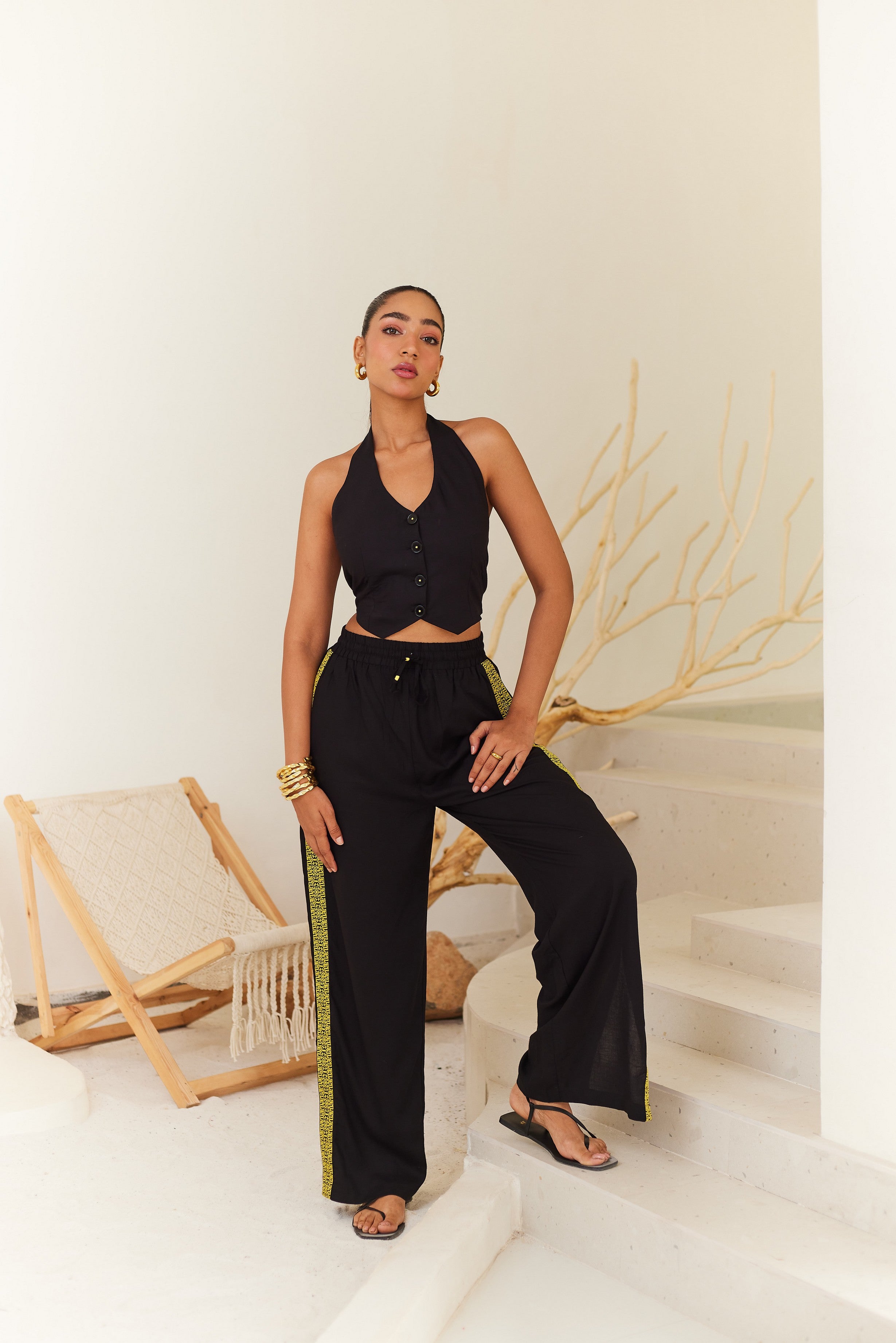 Black Linen Pants with Contrast Tape Detail