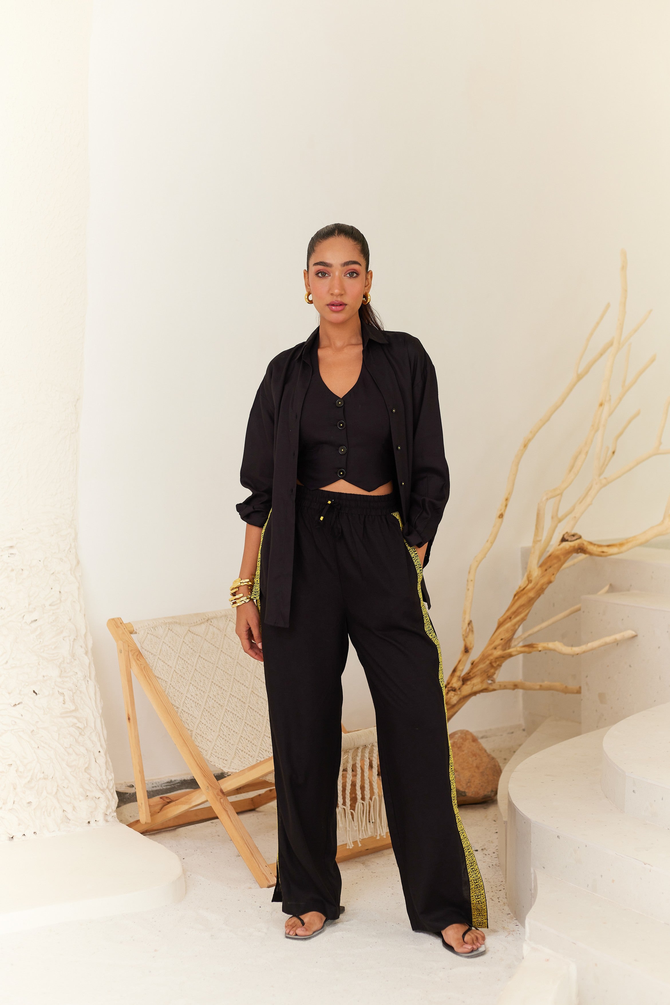 Black Linen Shirt With Lace Detail