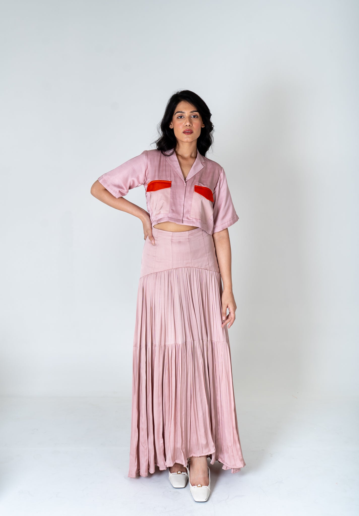 Pink-Orange Color-Blocked Maxi Skirt Set