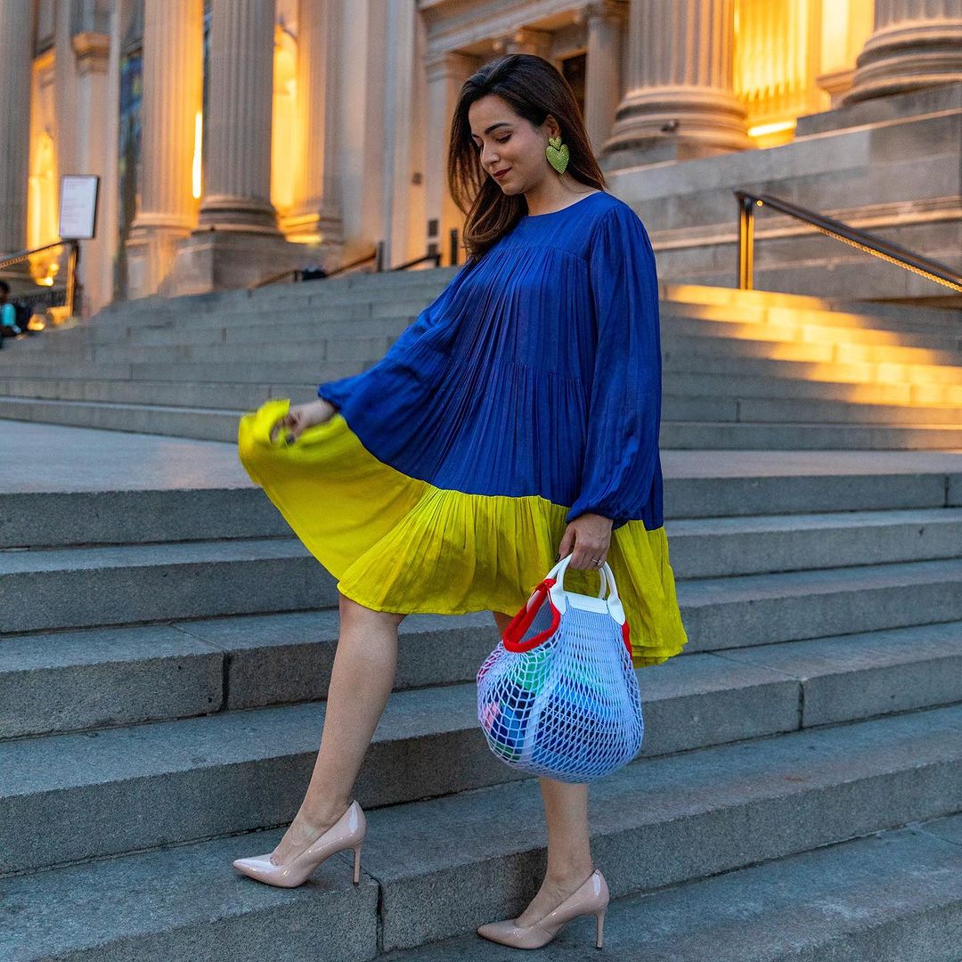 Blue-Neon Gather Short Dress