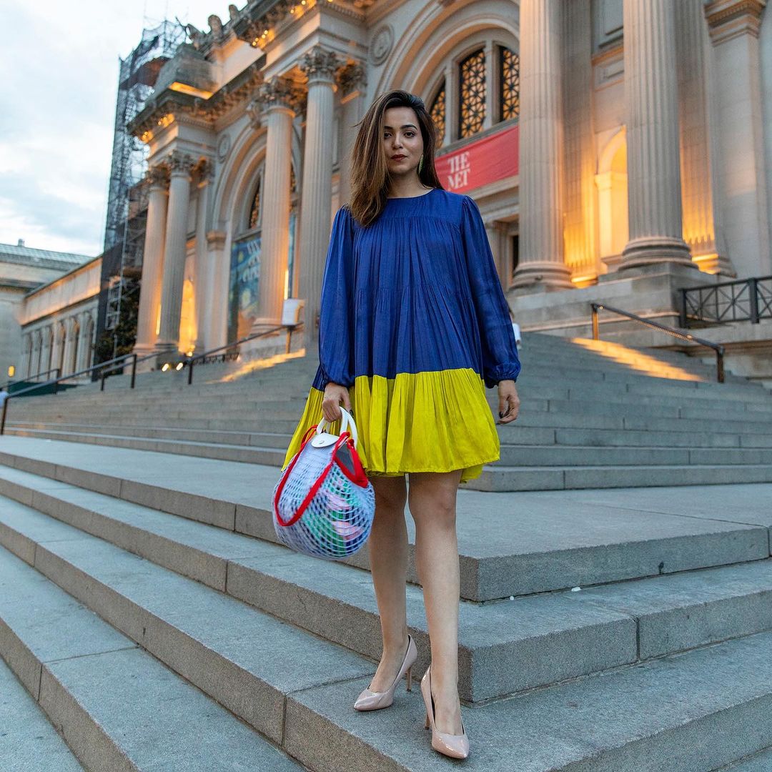 Blue-Neon Gather Short Dress