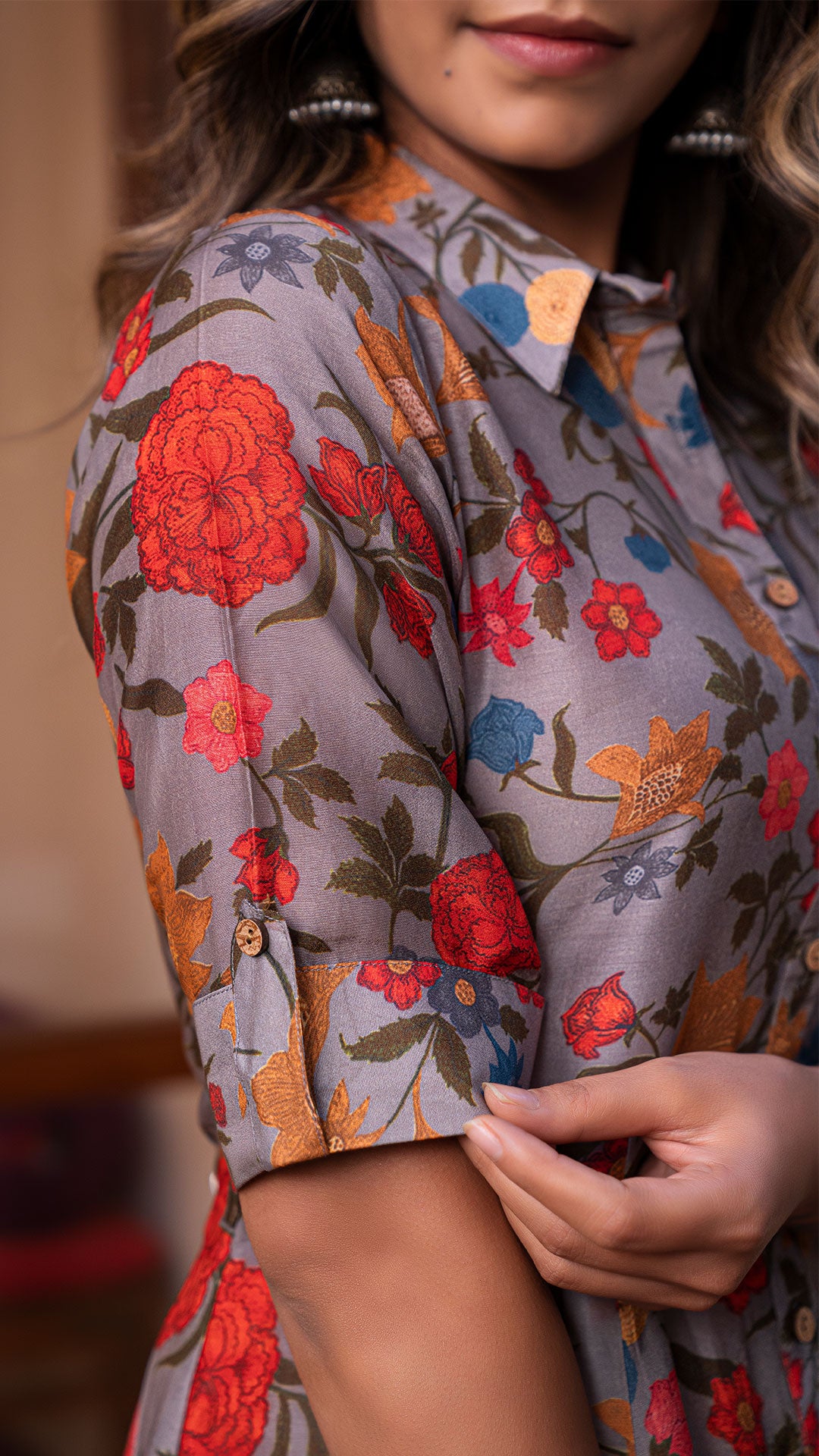 JIYAA FLORAL JAAL SHIRT DRESS IN SILK - GREY