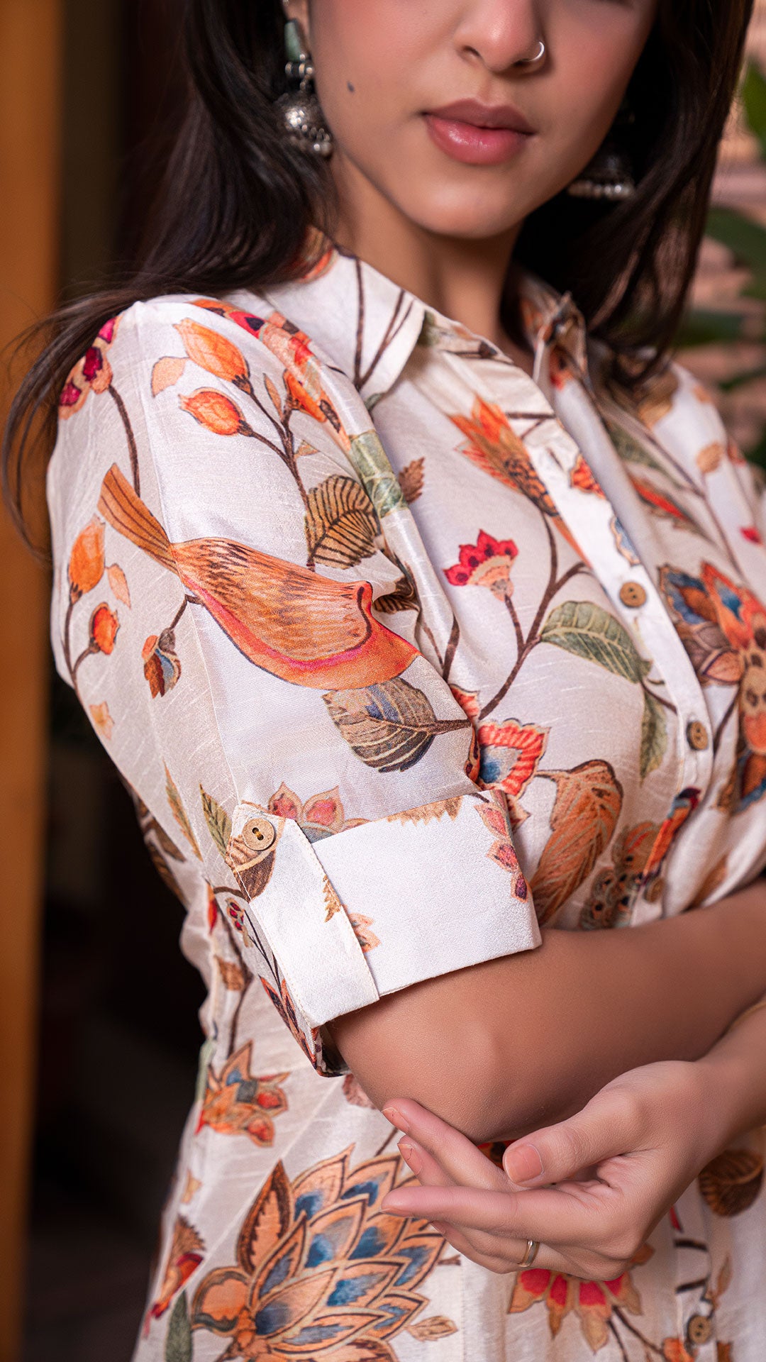 AASHVI FLORAL JAAL SHIRT DRESS IN SILK - OFF WHITE