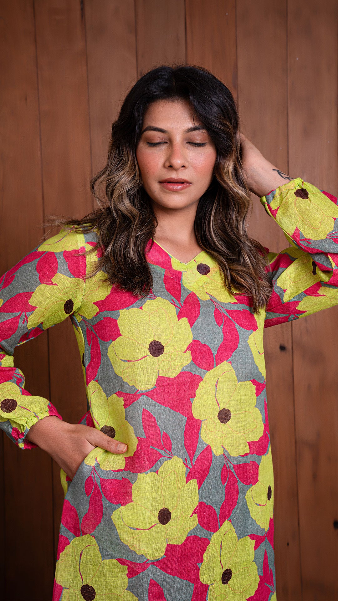 GARDEN OF DREAMS PURE LINEN SHIFT DRESS - YELLOW/PINK