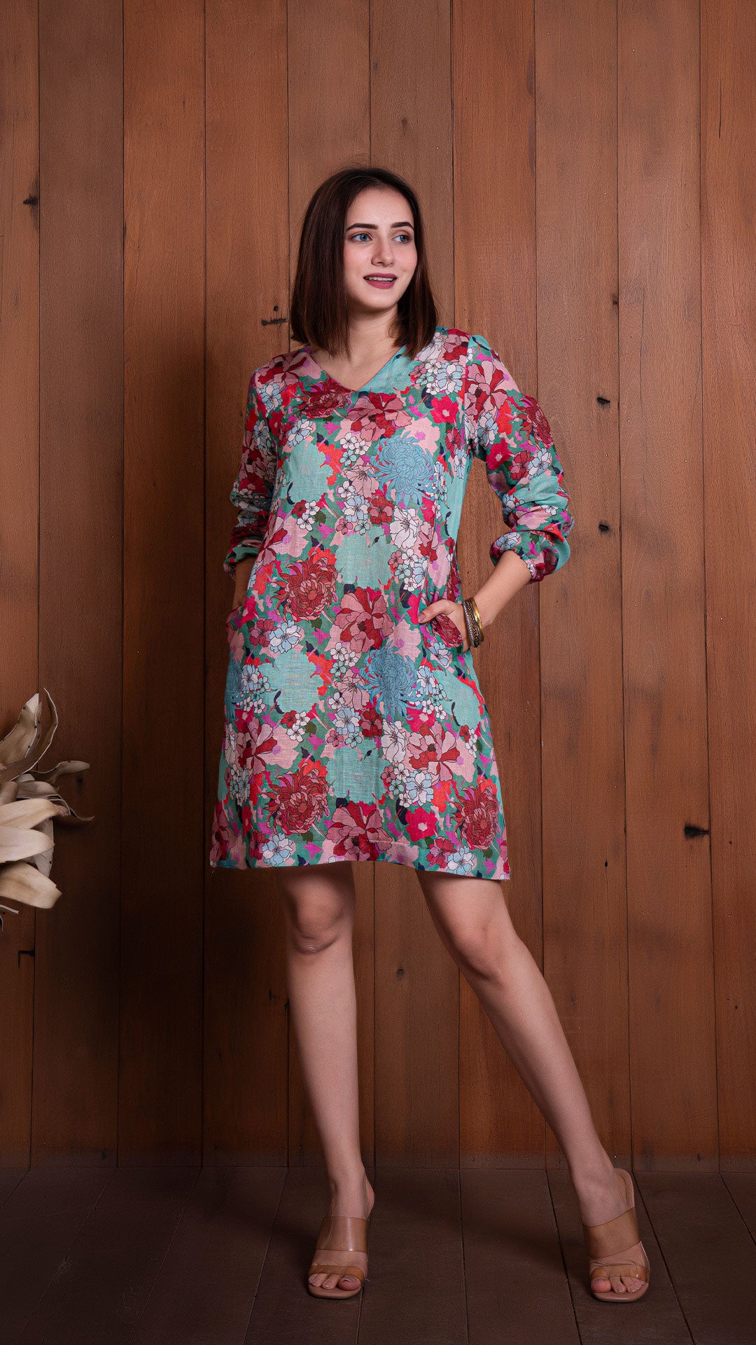FLORAL ILLUSION PURE LINEN SHIFT DRESS - GREEN