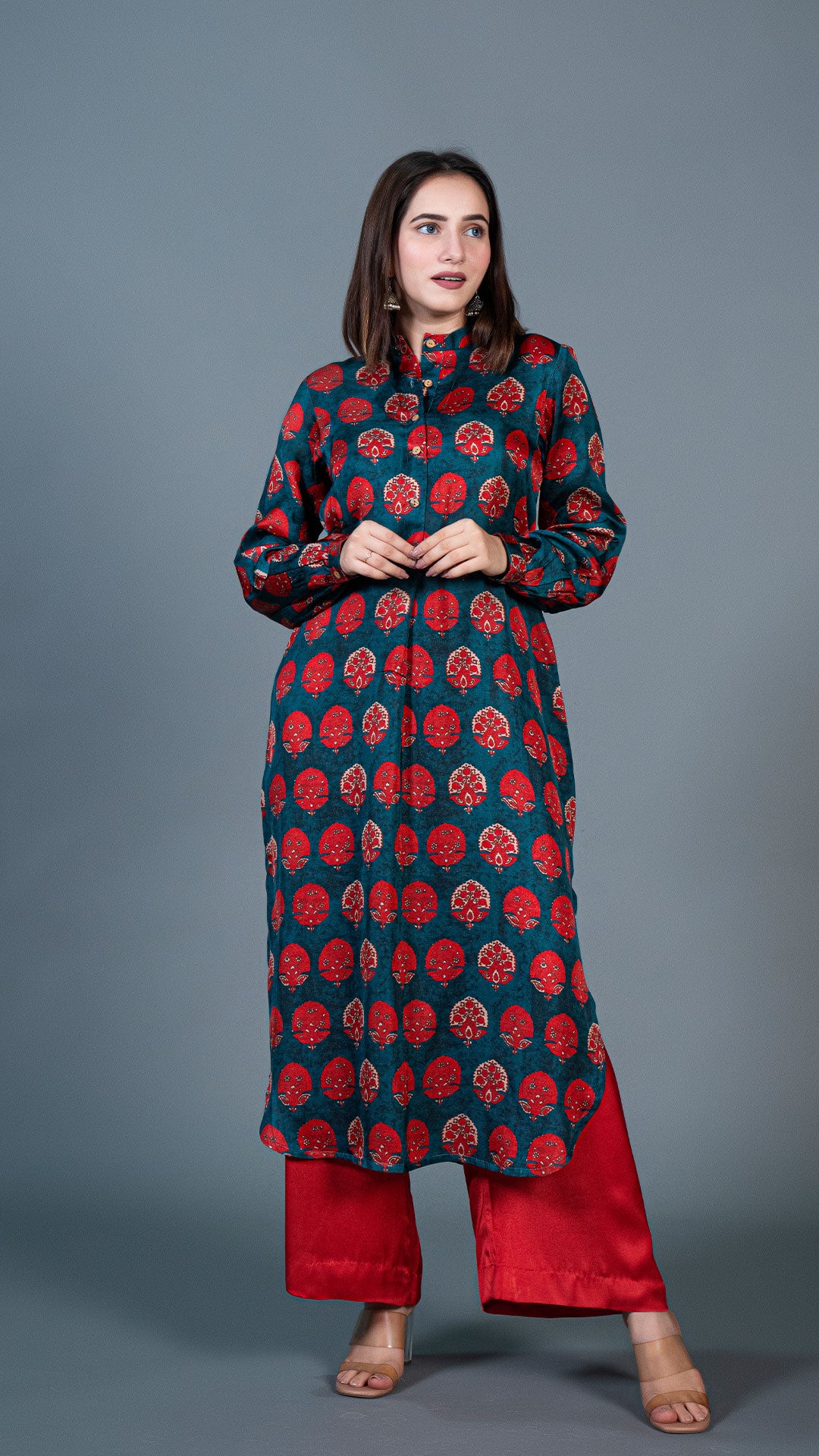 TEAL BLUE RED BUTTA PRINT KURTA IN MODAL SILK
