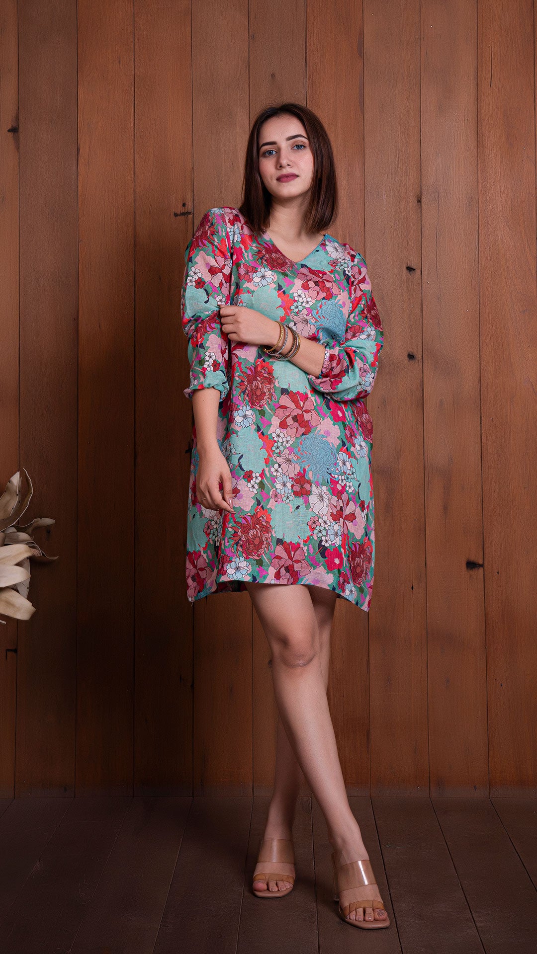 FLORAL ILLUSION PURE LINEN SHIFT DRESS - GREEN