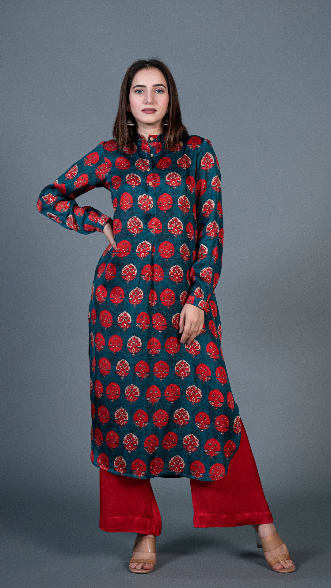 TEAL BLUE RED BUTTA PRINT KURTA IN MODAL SILK