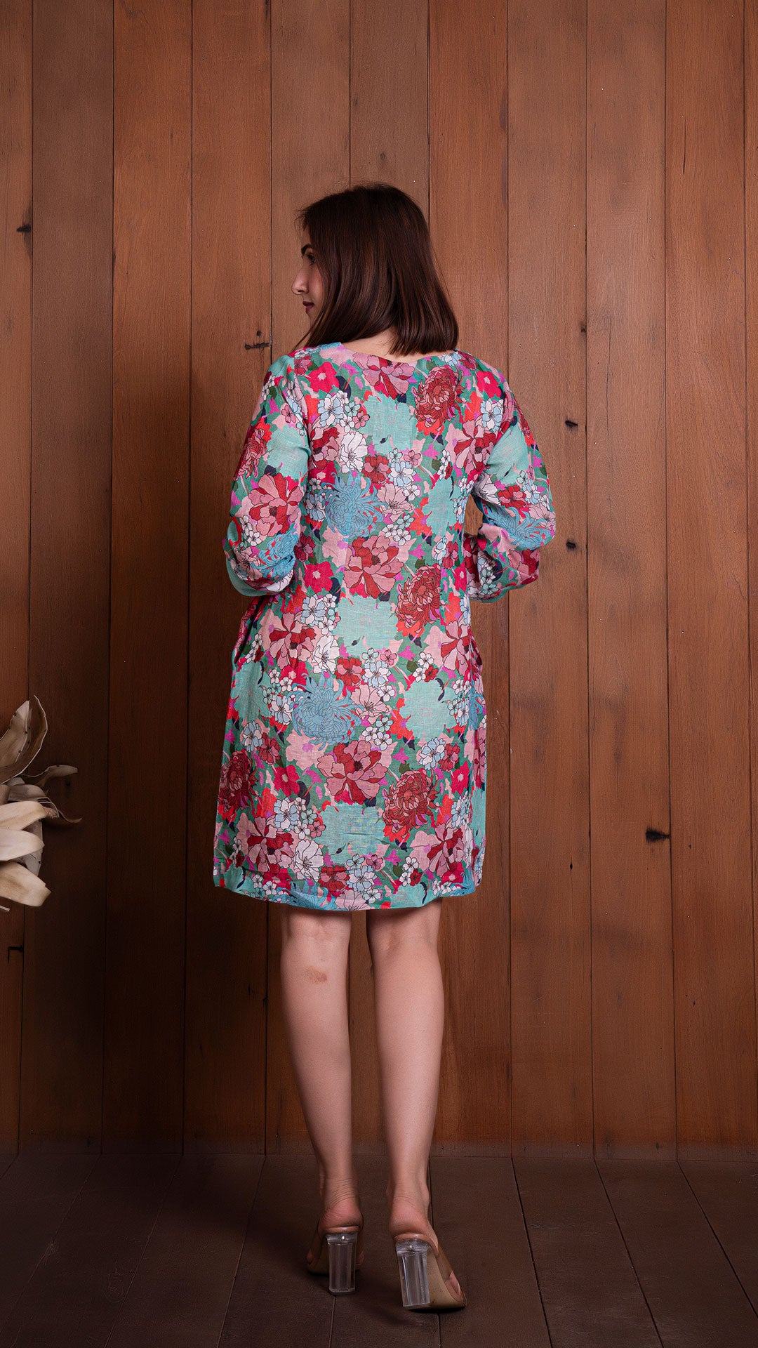 FLORAL ILLUSION PURE LINEN SHIFT DRESS - GREEN