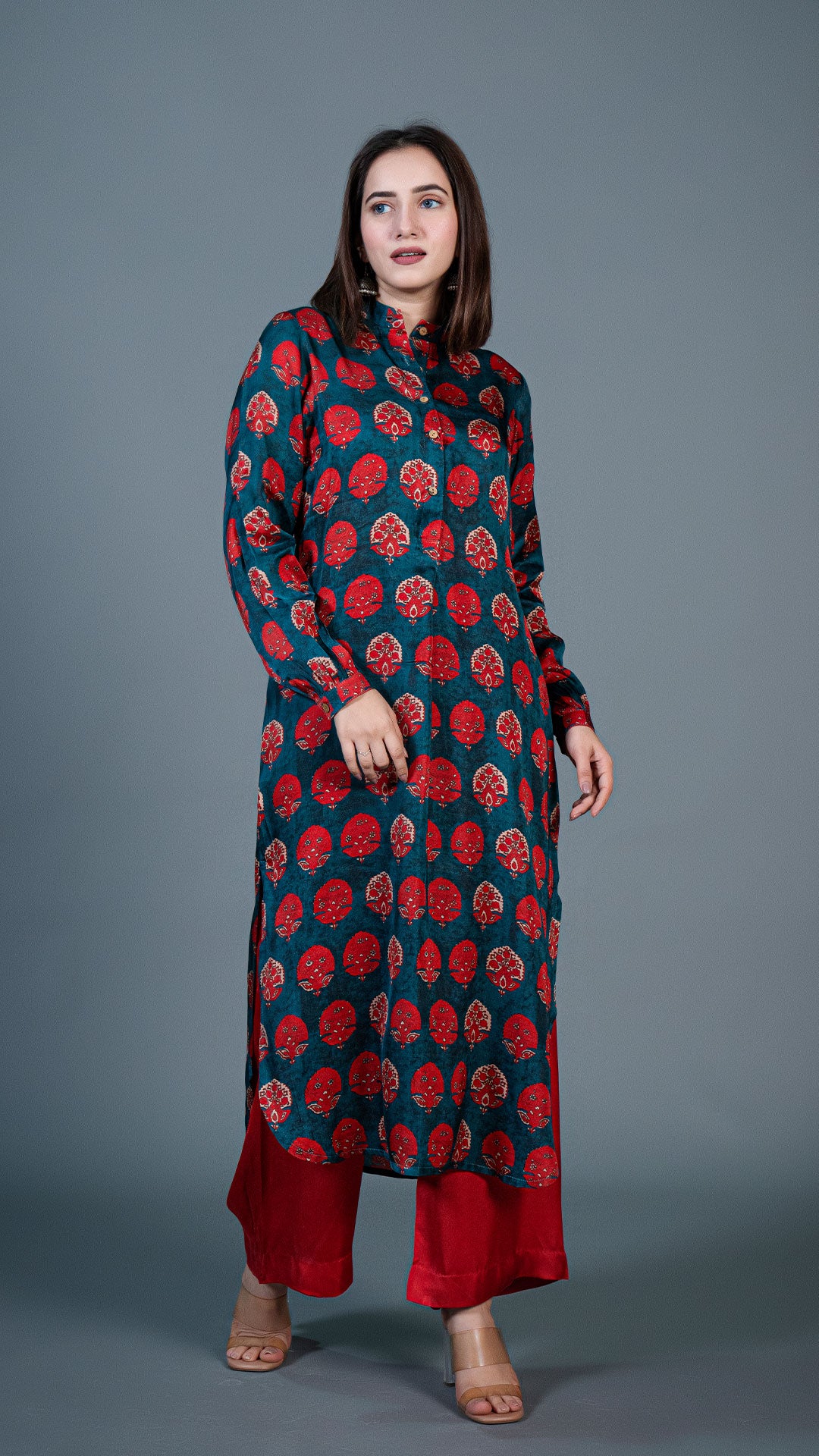 TEAL BLUE RED BUTTA PRINT KURTA IN MODAL SILK