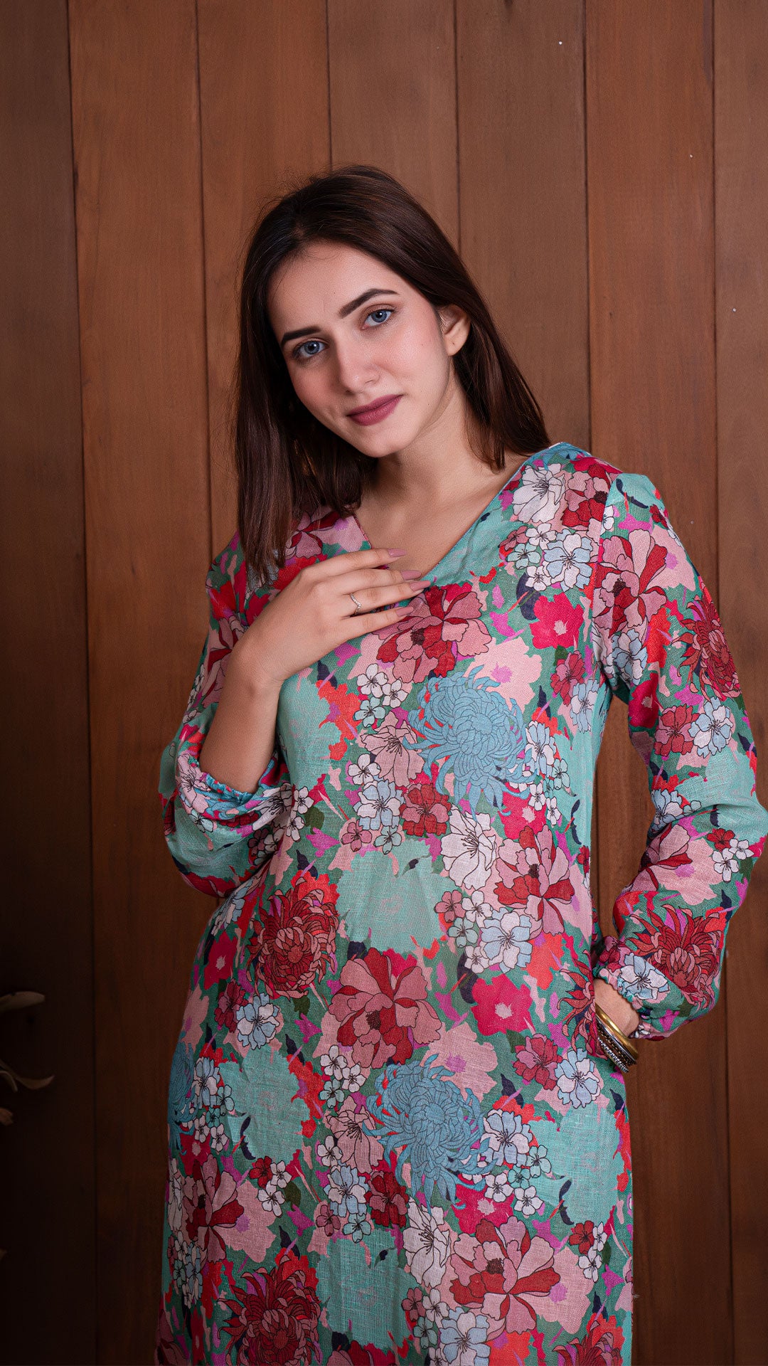 FLORAL ILLUSION PURE LINEN SHIFT DRESS - GREEN