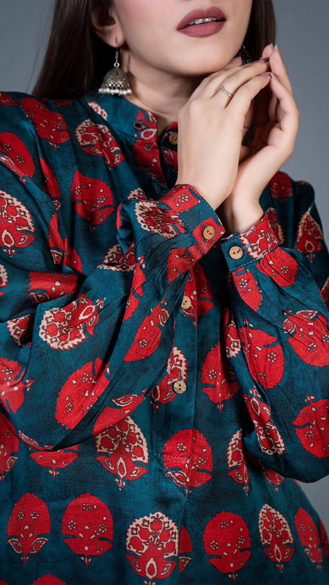 TEAL BLUE RED BUTTA PRINT KURTA IN MODAL SILK