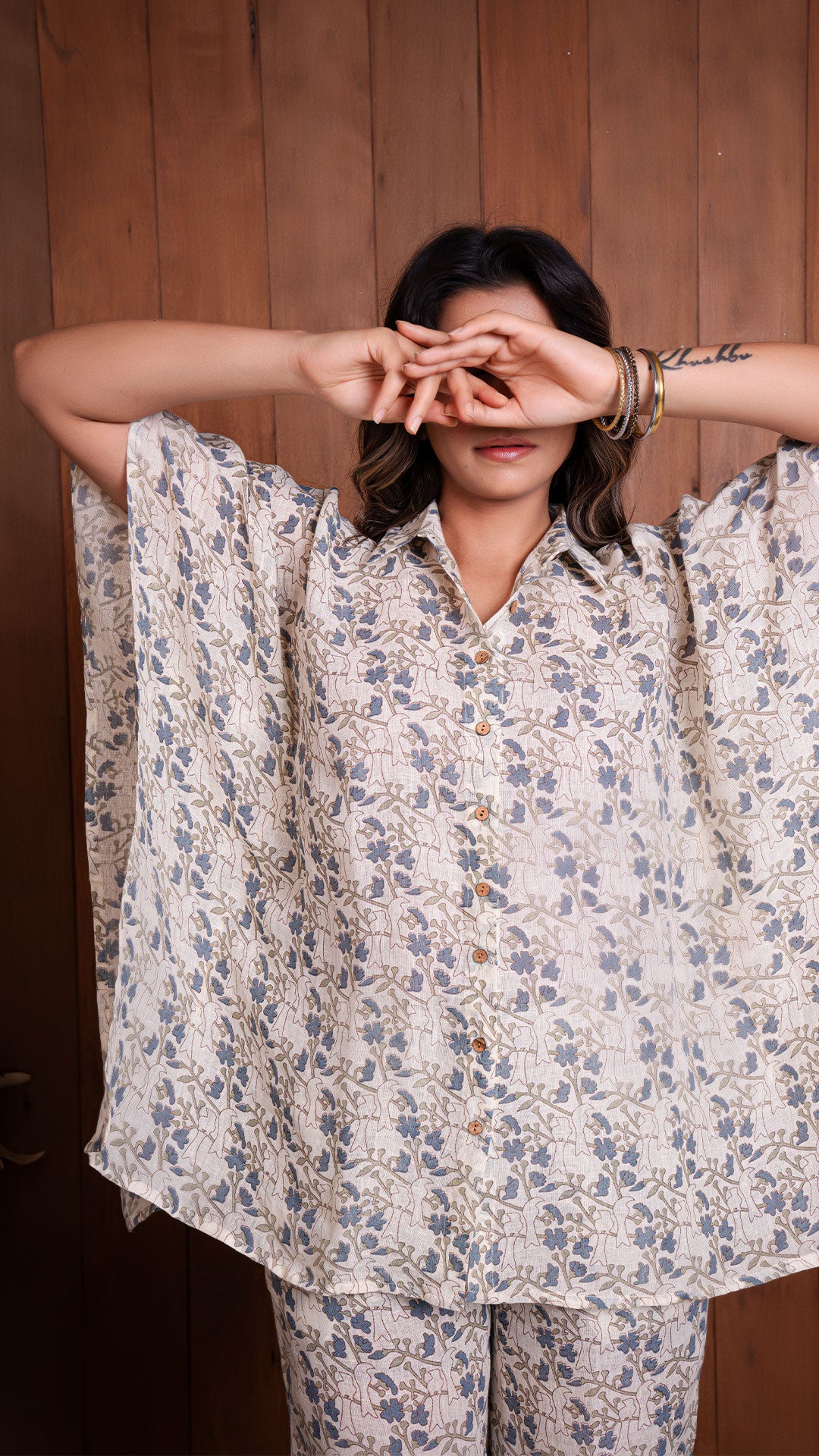 OFF WHITE DOVE PRINT LINEN KAFTAN STYLE CO-ORD SET