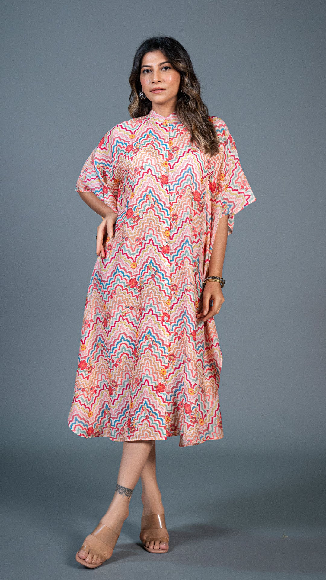 OFF WHITE GEOMETRIC PRINT COTTON SILK KAFTAN DRESS