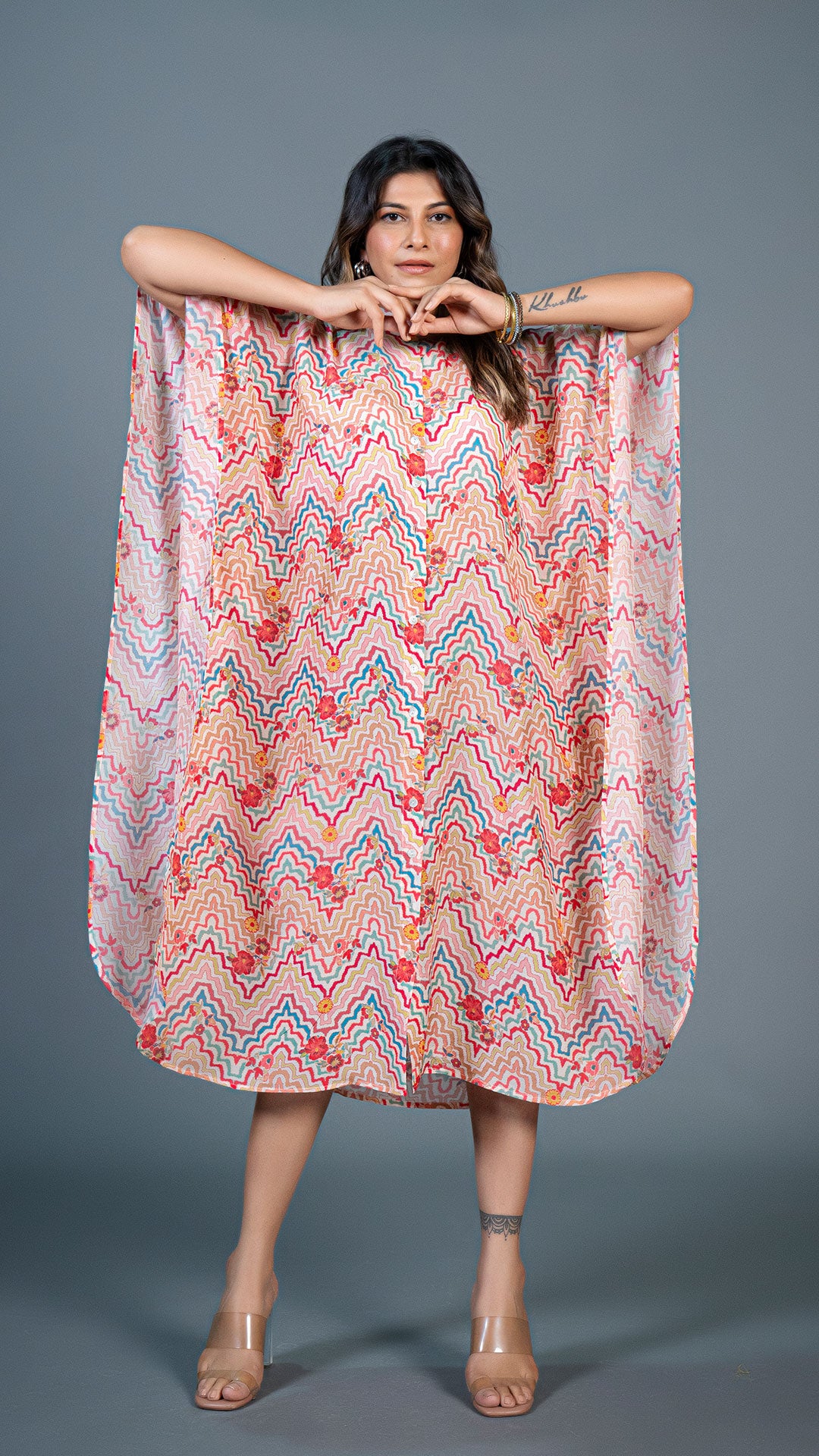 OFF WHITE GEOMETRIC PRINT COTTON SILK KAFTAN DRESS