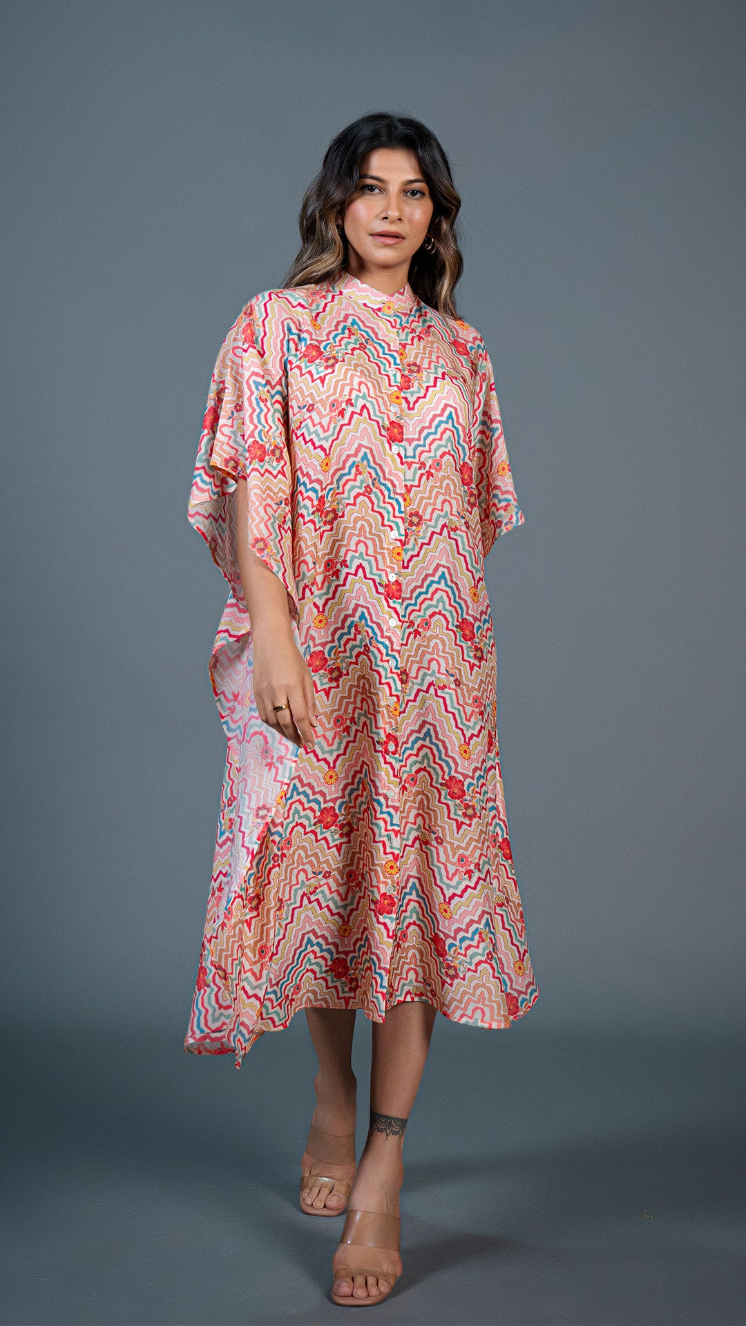 OFF WHITE GEOMETRIC PRINT COTTON SILK KAFTAN DRESS