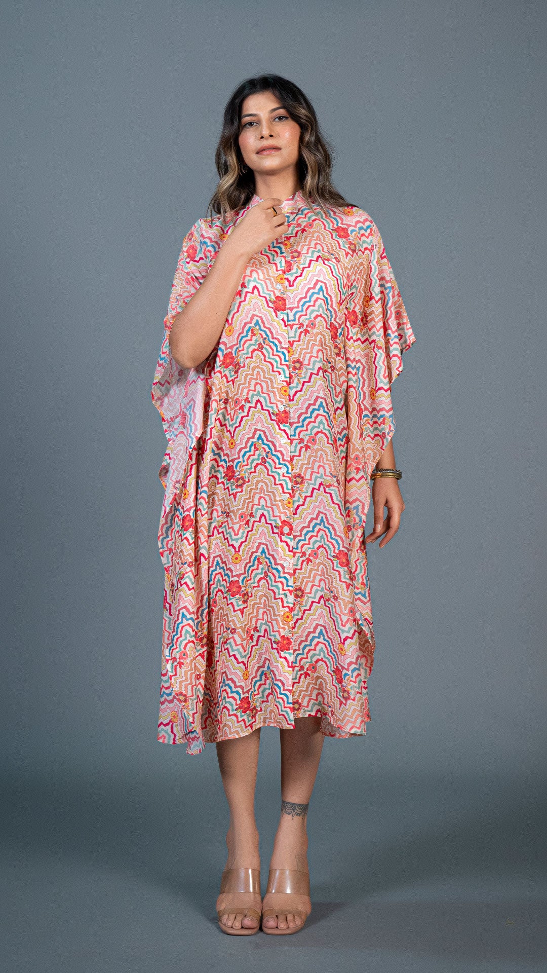 OFF WHITE GEOMETRIC PRINT COTTON SILK KAFTAN DRESS