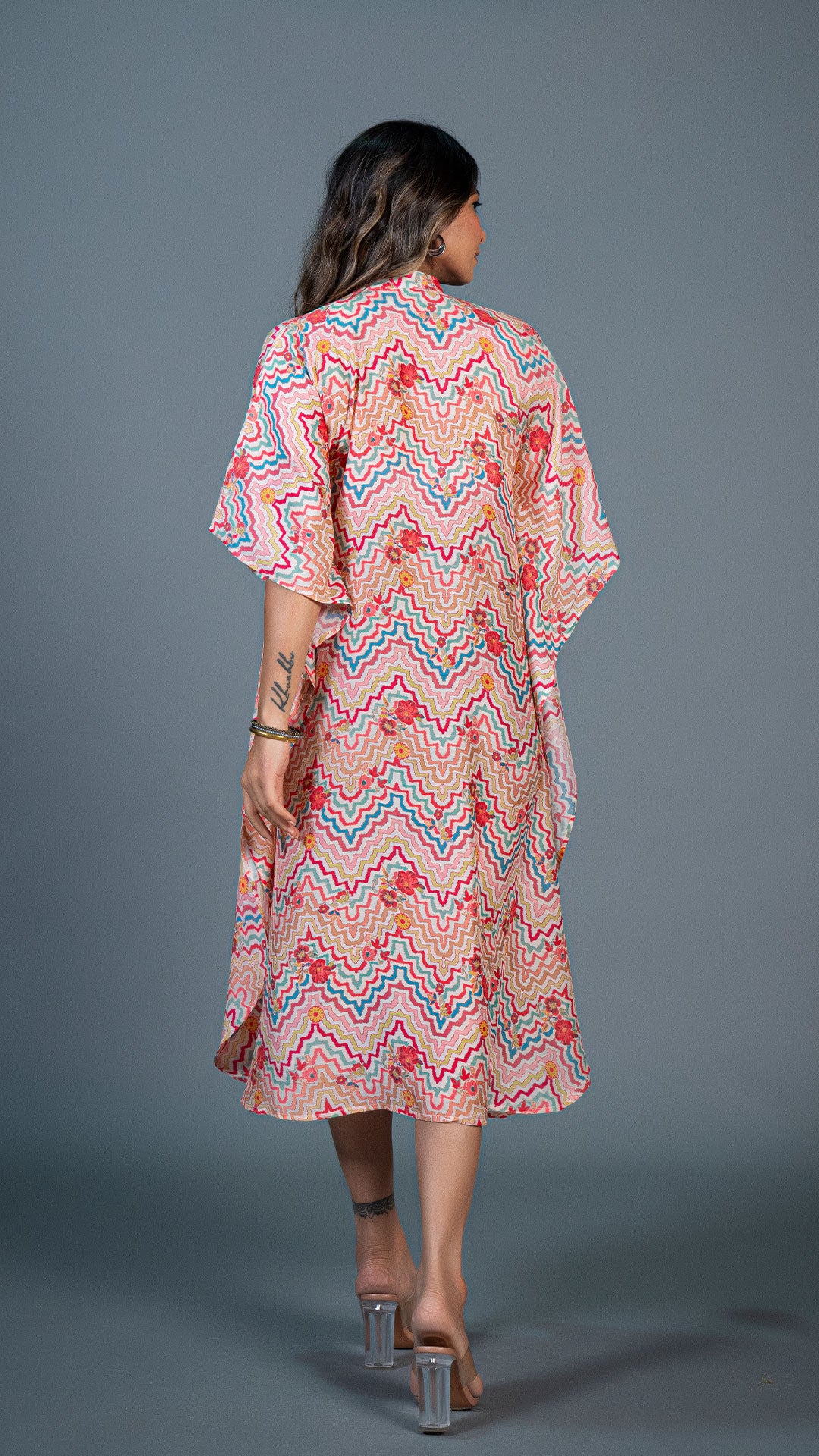 OFF WHITE GEOMETRIC PRINT COTTON SILK KAFTAN DRESS