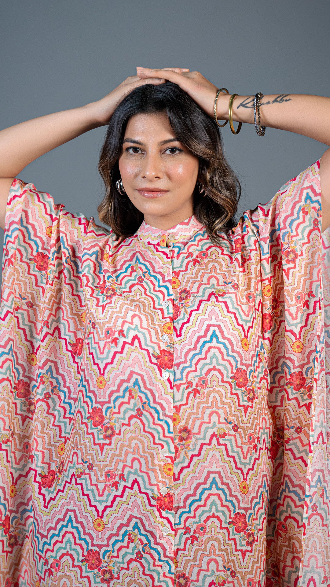 OFF WHITE GEOMETRIC PRINT COTTON SILK KAFTAN DRESS
