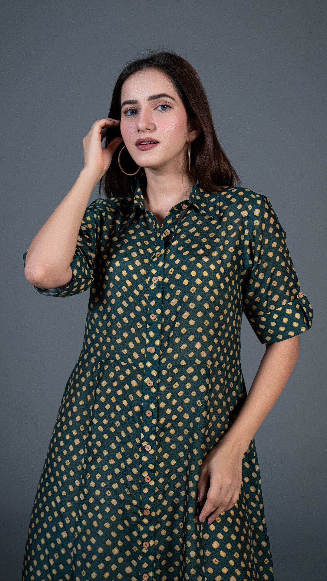 DARK GREEN BANDHANI PRINT COTTON SILK SHIRT DRESS