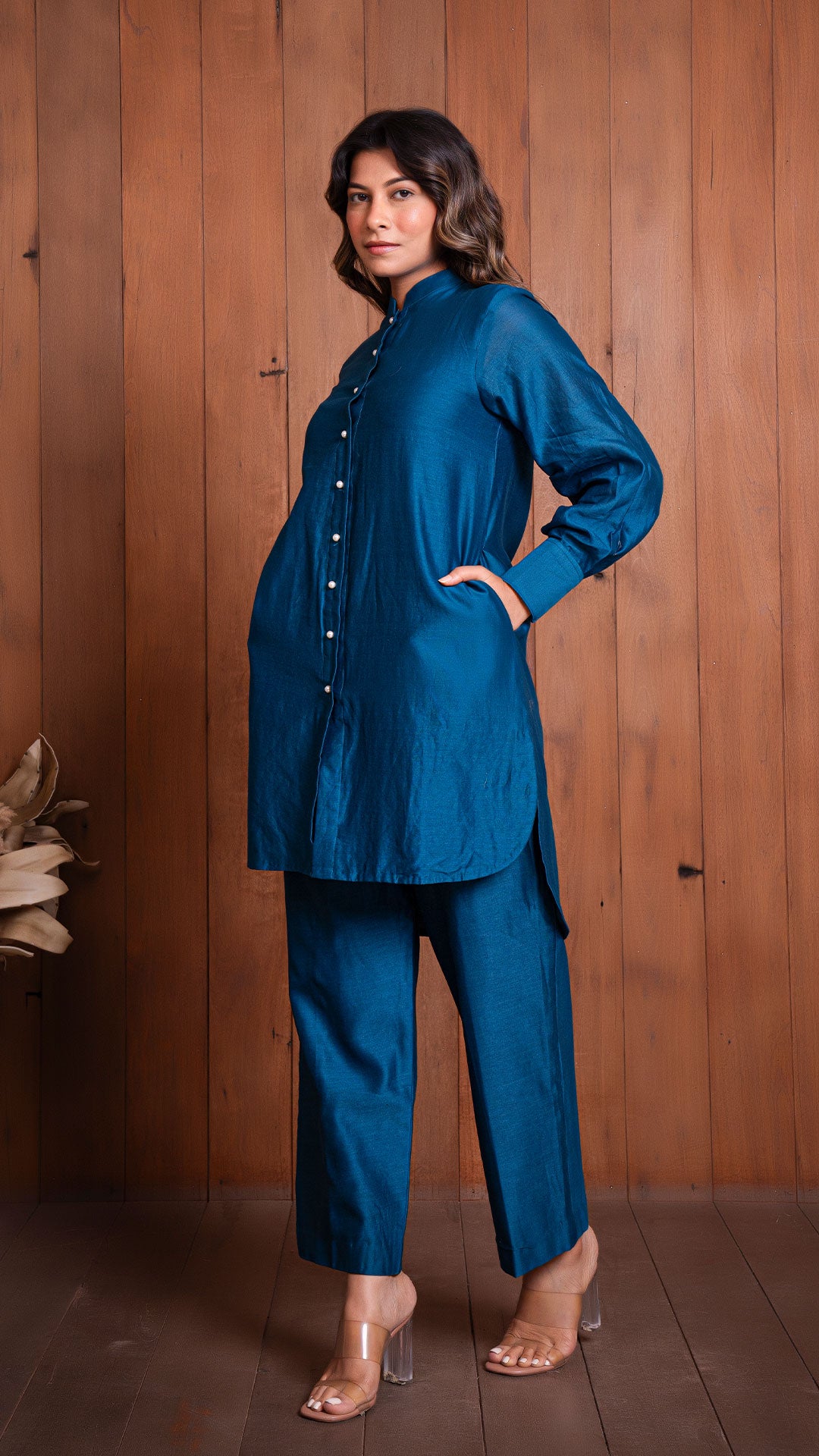 SOLID CHANDERI CO-ORD SET - PEACOCK BLUE