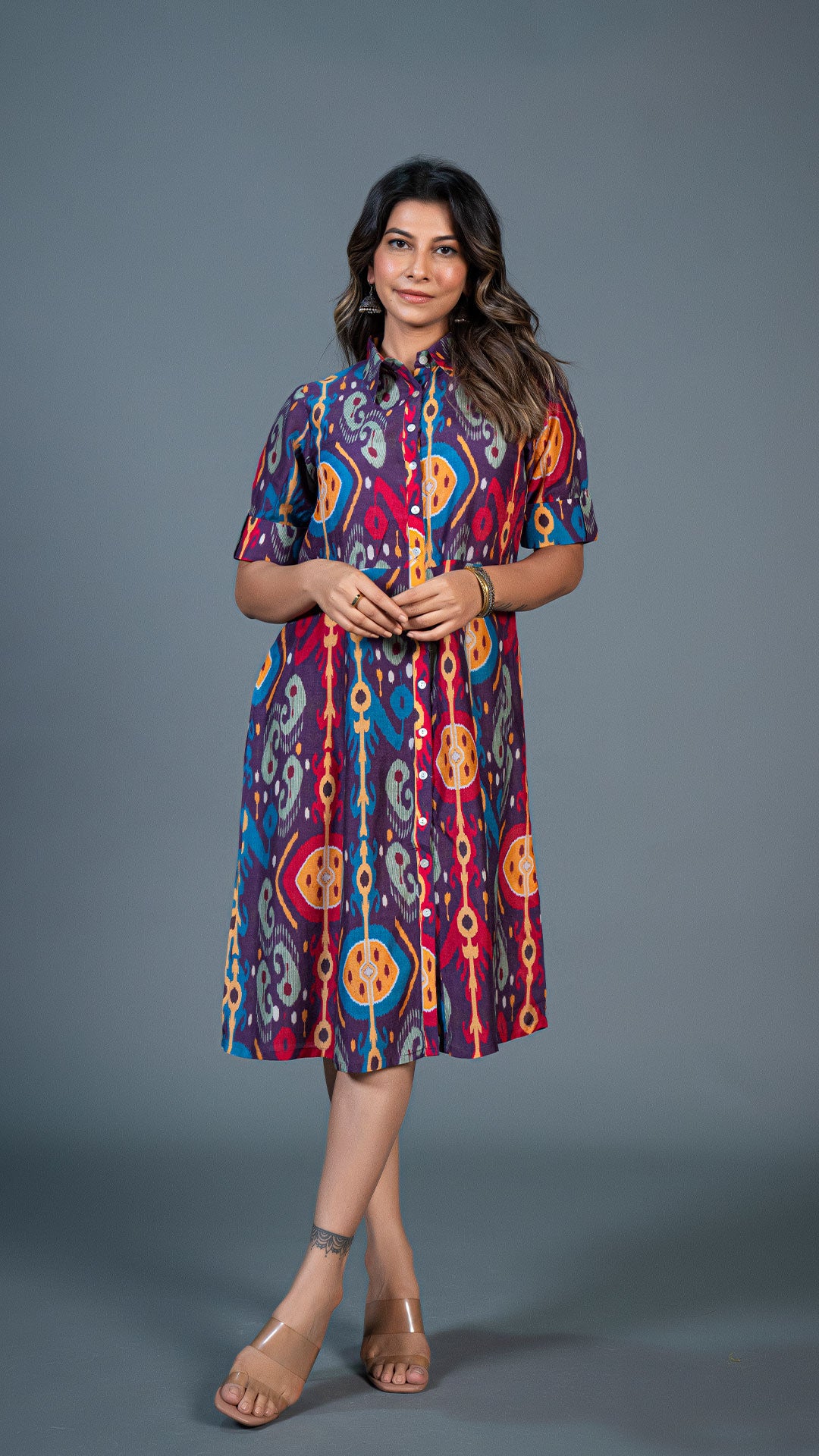 PURPLE IKKAT PRINT COTTON SILK SHIRT DRESS
