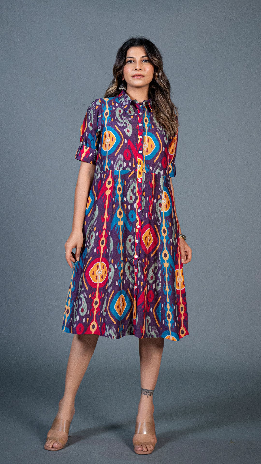 PURPLE IKKAT PRINT COTTON SILK SHIRT DRESS