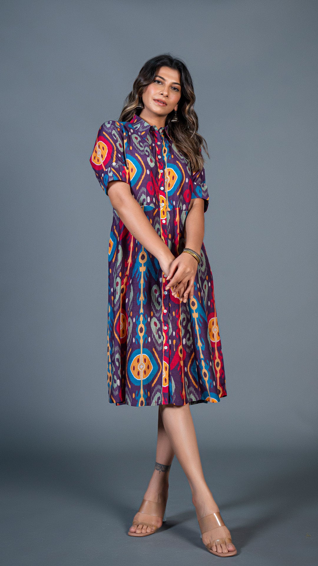 PURPLE IKKAT PRINT COTTON SILK SHIRT DRESS