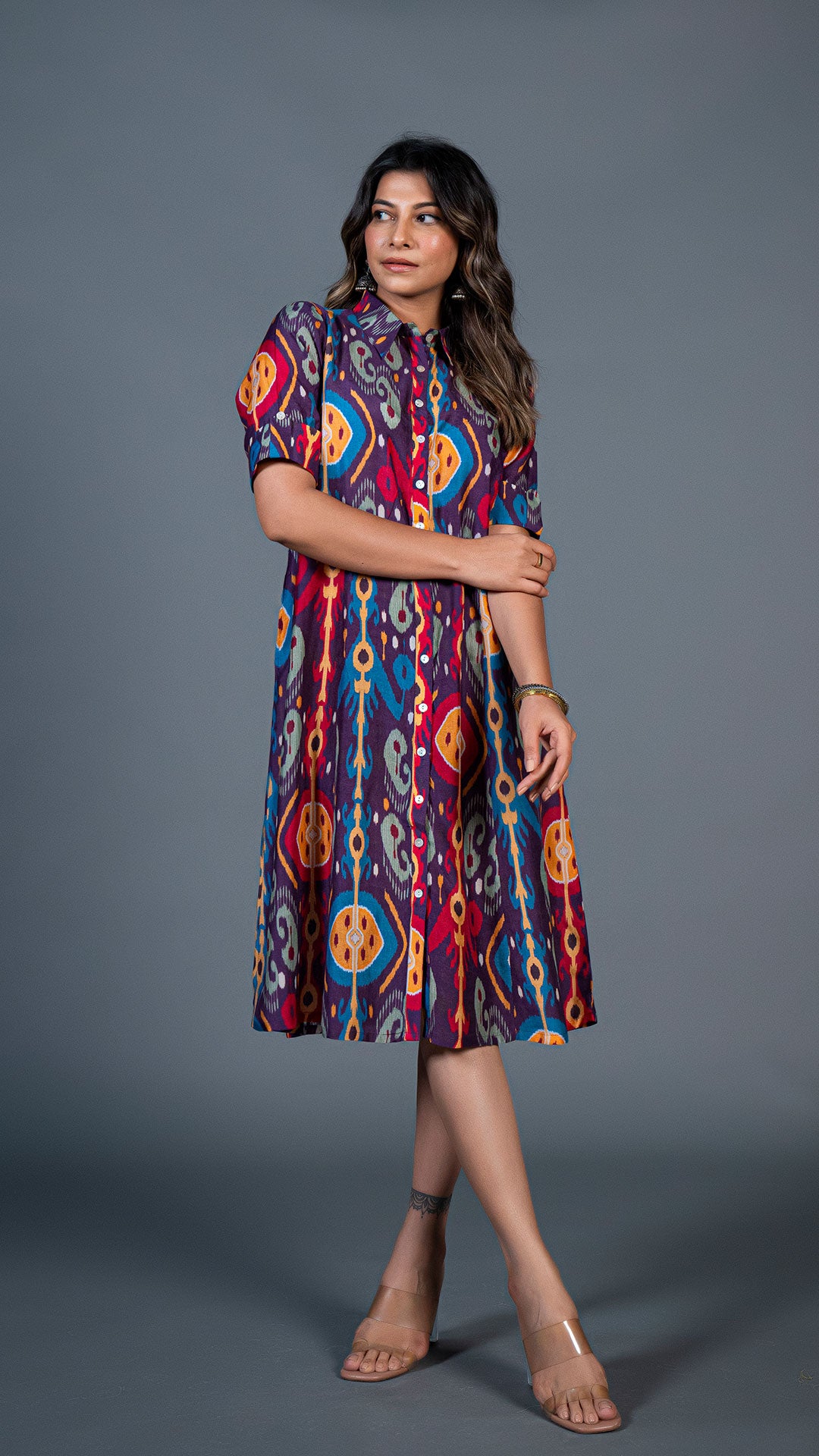 PURPLE IKKAT PRINT COTTON SILK SHIRT DRESS