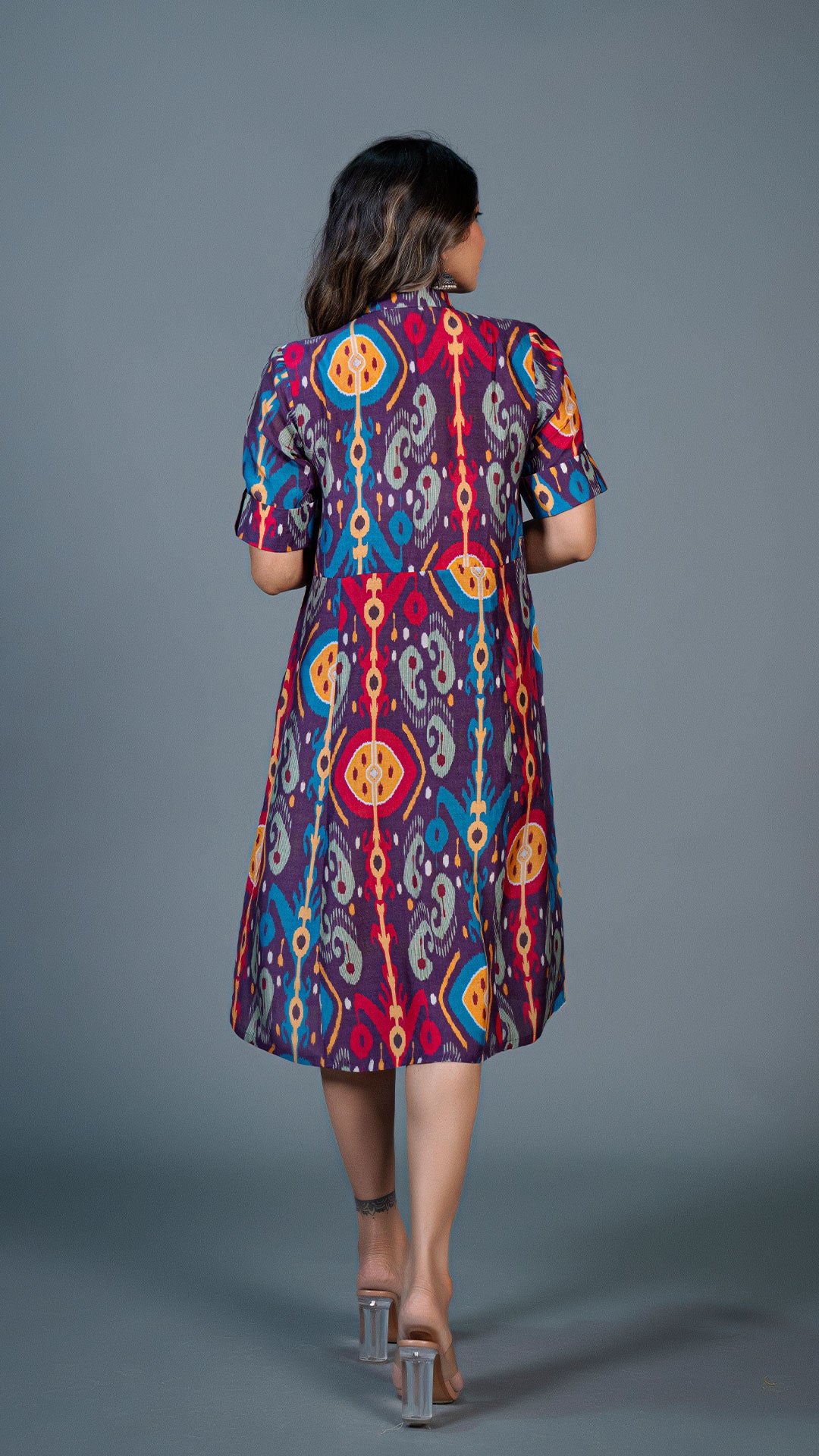 PURPLE IKKAT PRINT COTTON SILK SHIRT DRESS