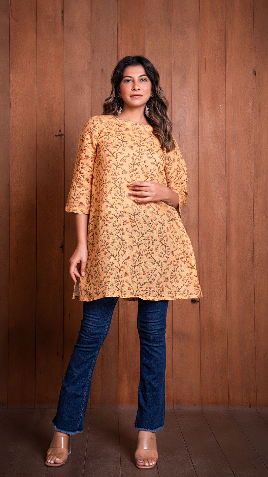 MUSTARD FLORAL JAAL LINEN SHORT TOP